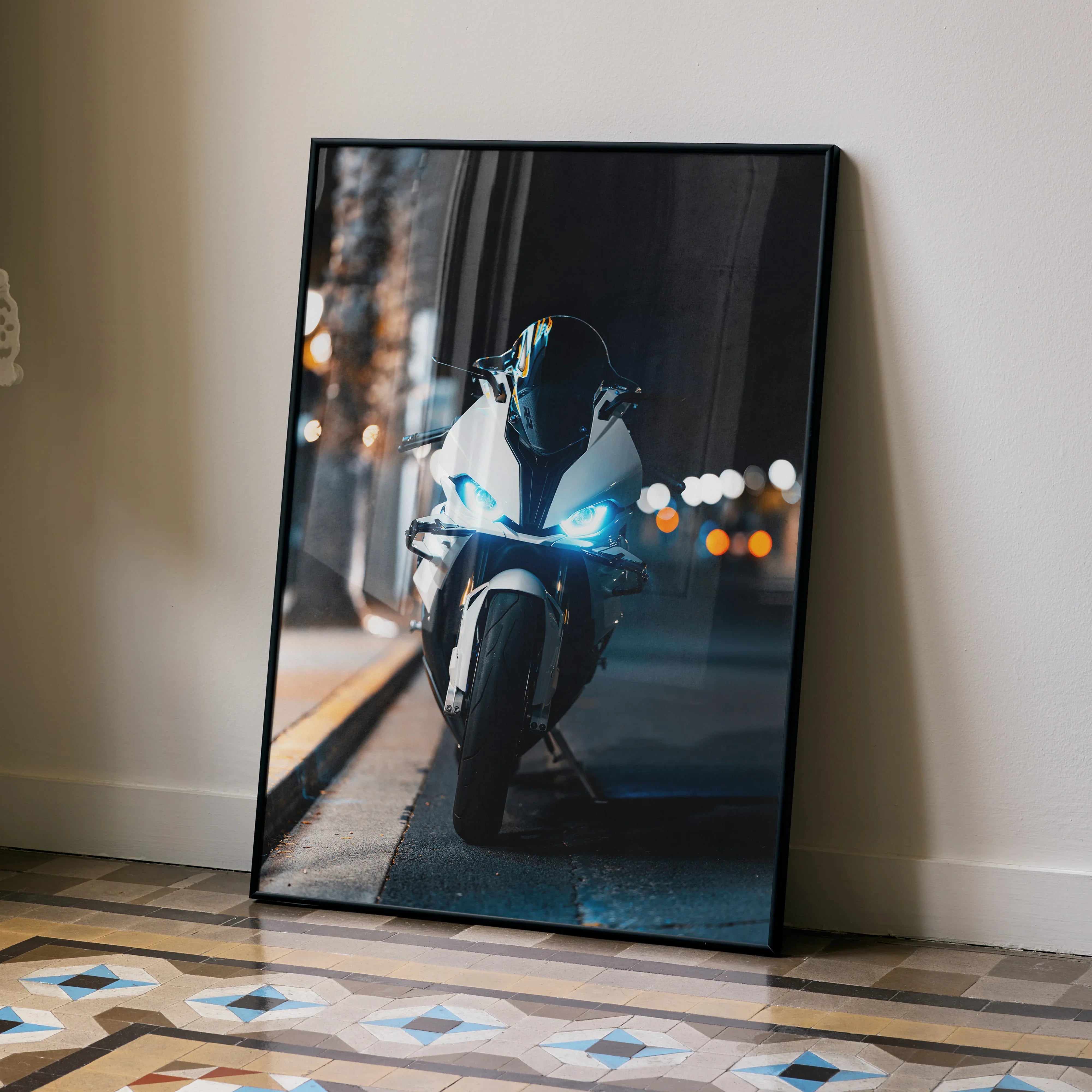 BMW S1000RR motorcycle poster with premium satin finish, modern wall art in a black frame.