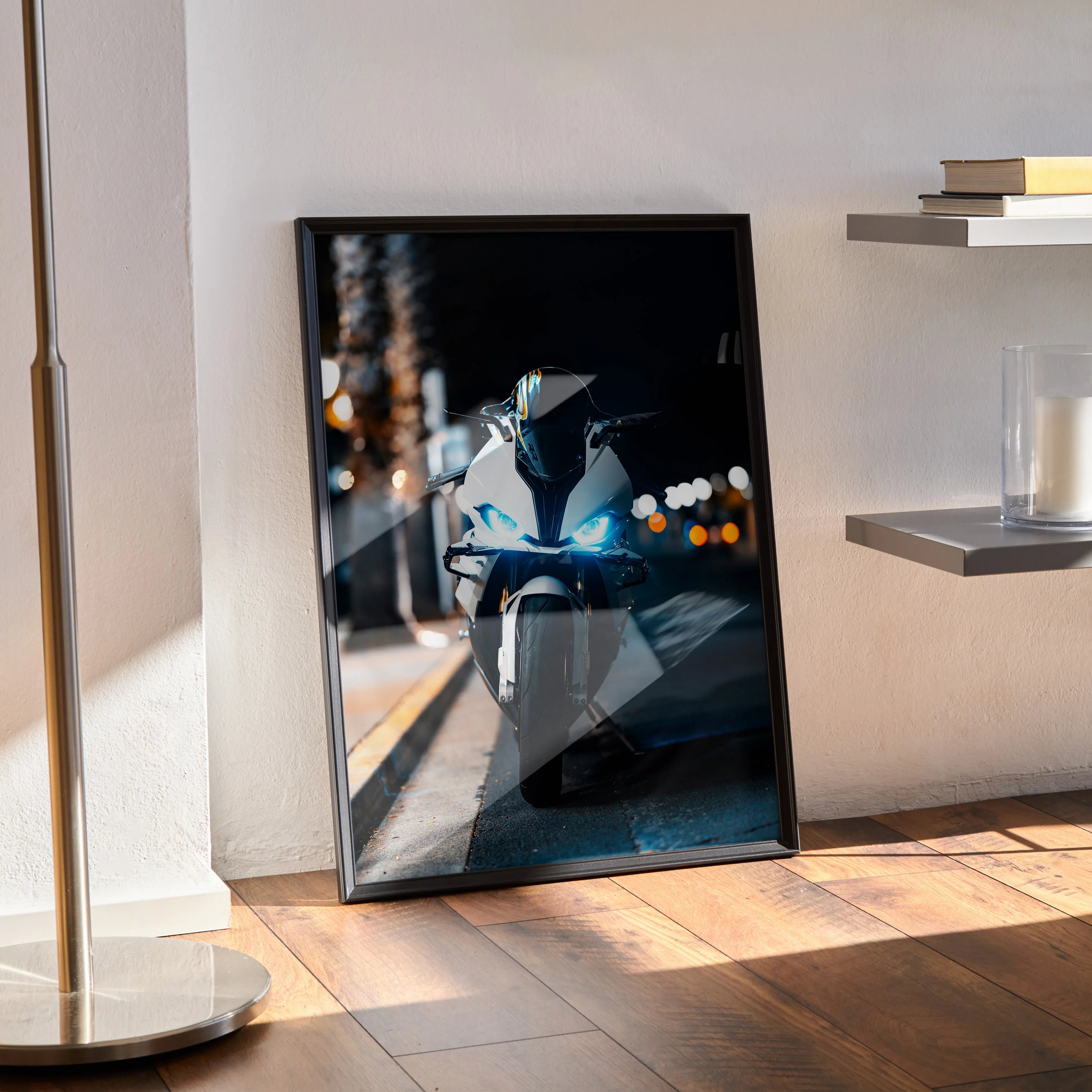 BMW S1000RR motorcycle poster with dark background and urban night lights wall art.