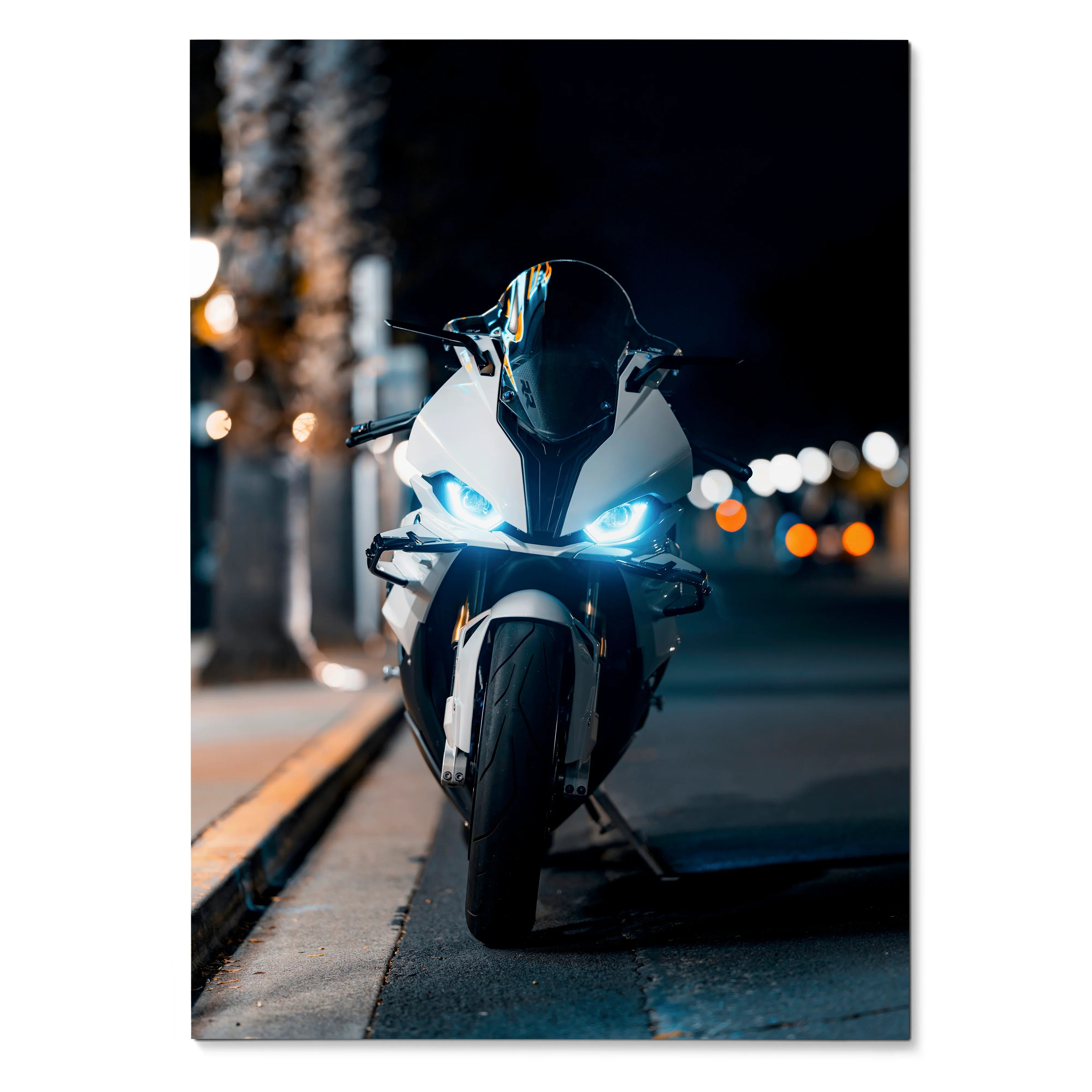 BMW S1000RR motorcycle front view with illuminated headlights at night poster wall art.