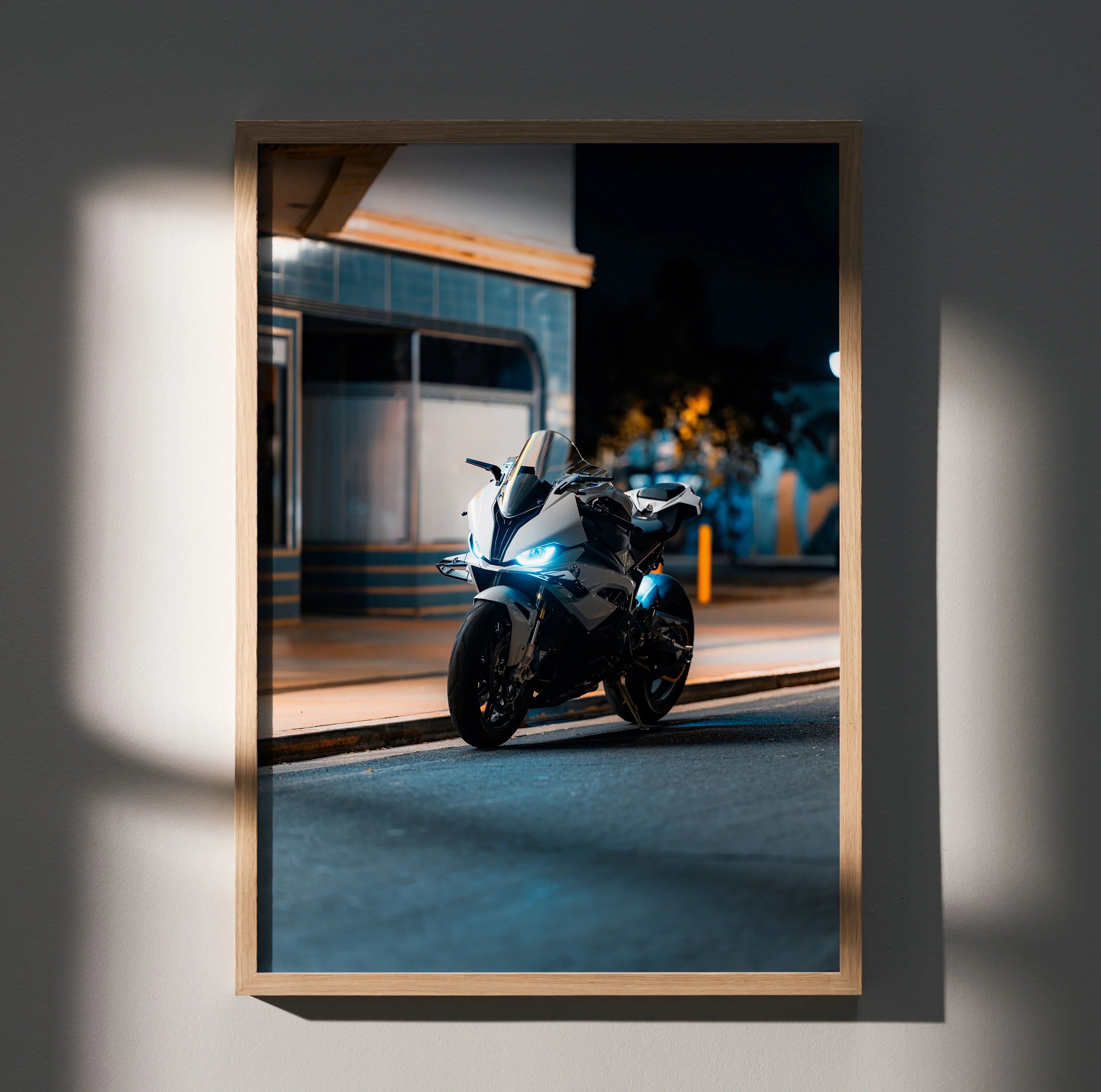 BMW S1000RR motorcycle poster wall art with night city street lighting and modern architecture background.
