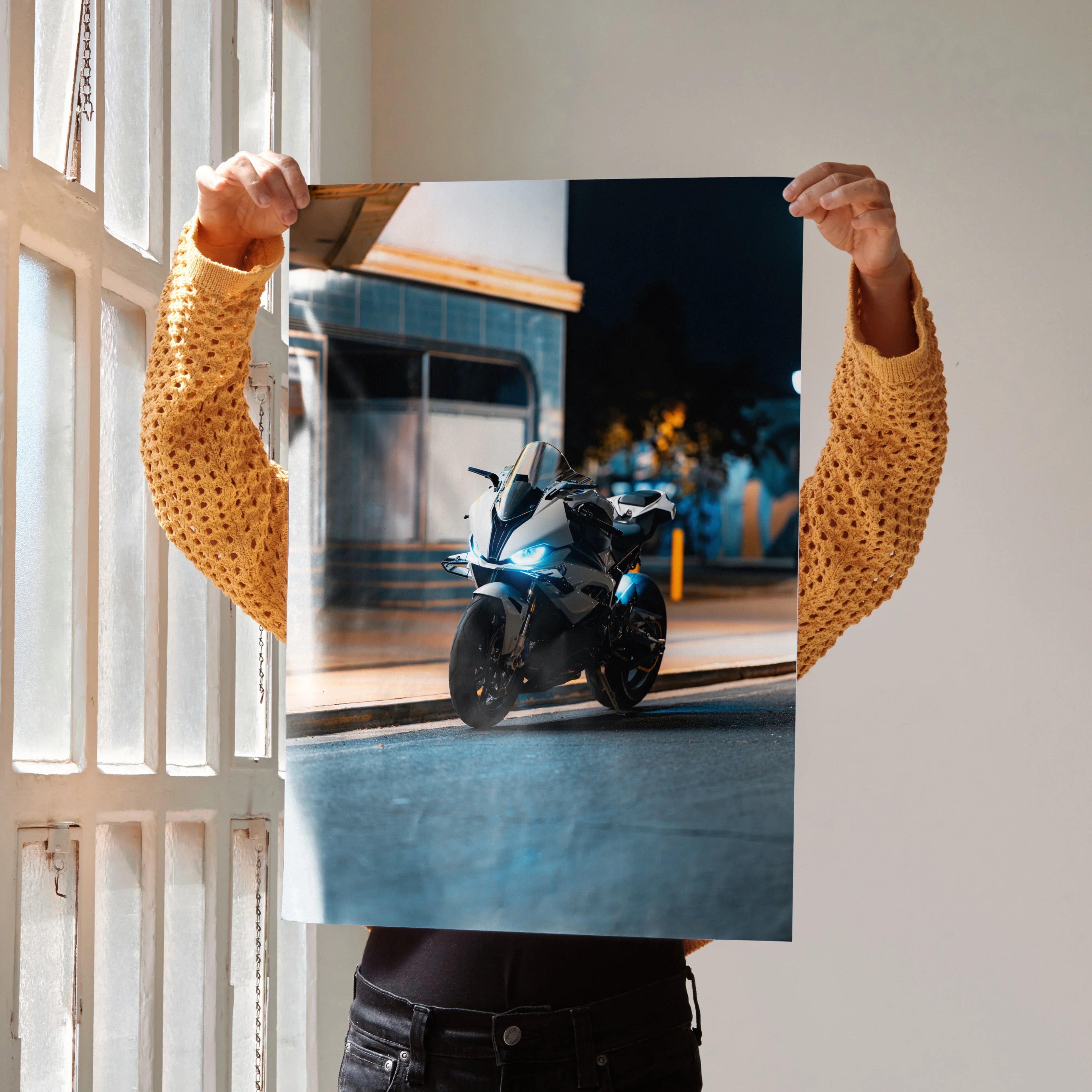 BMW S1000RR motorcycle poster showing sleek bike at night, modern wall art for enthusiasts.