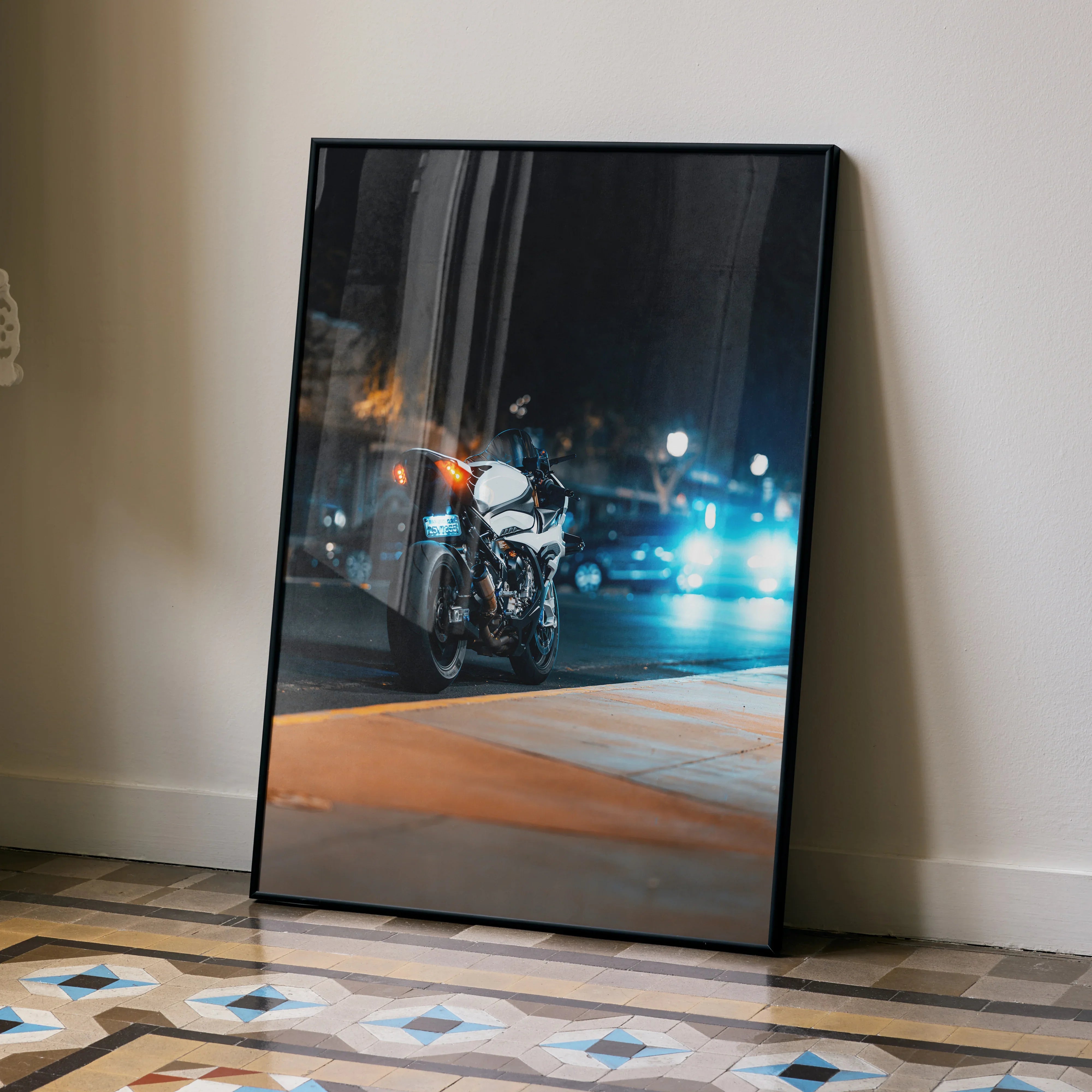 BMW S1000RR motorcycle night scene poster with sleek black frame, modern wall art.