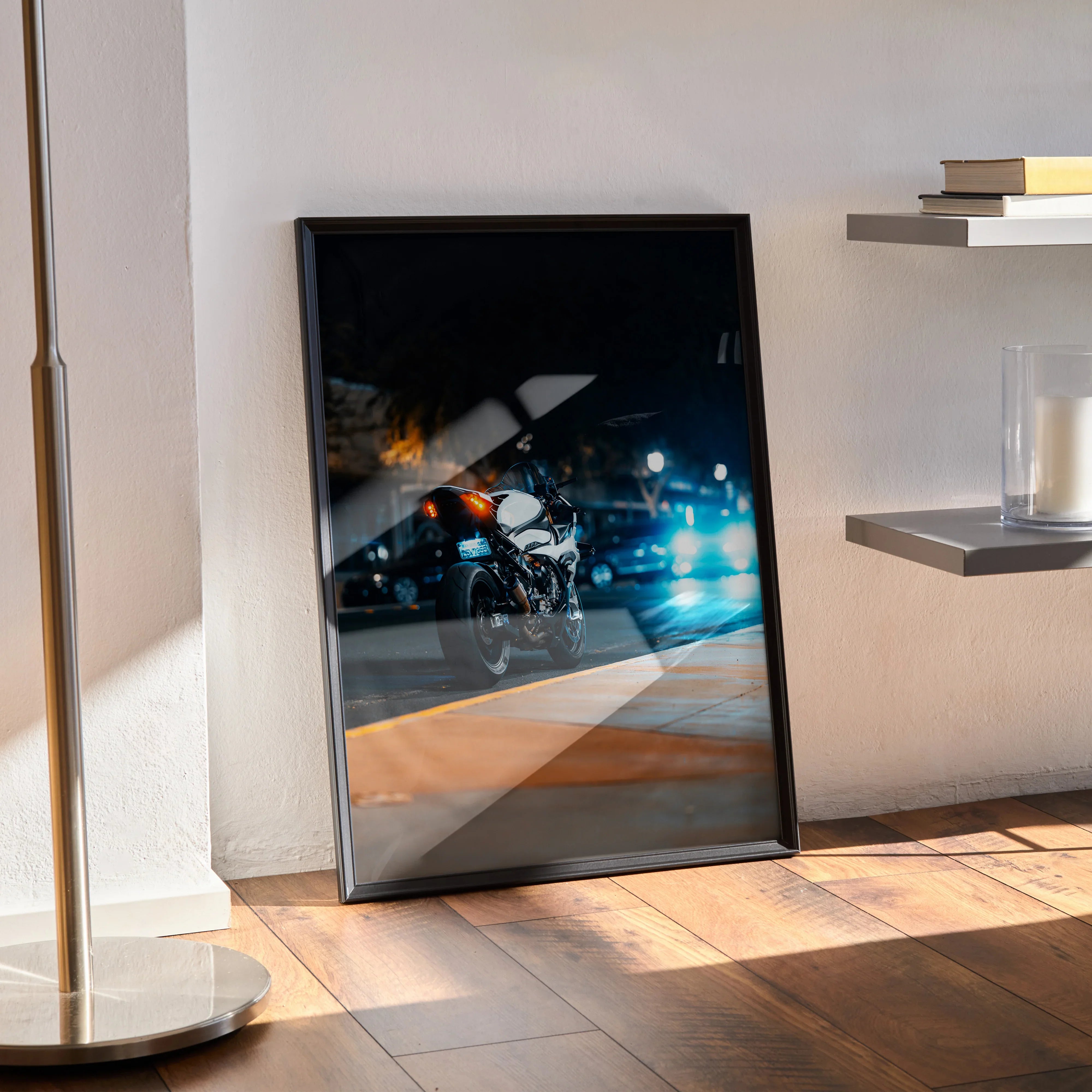 BMW S1000RR motorcycle night city scene poster in black frame modern wall art.