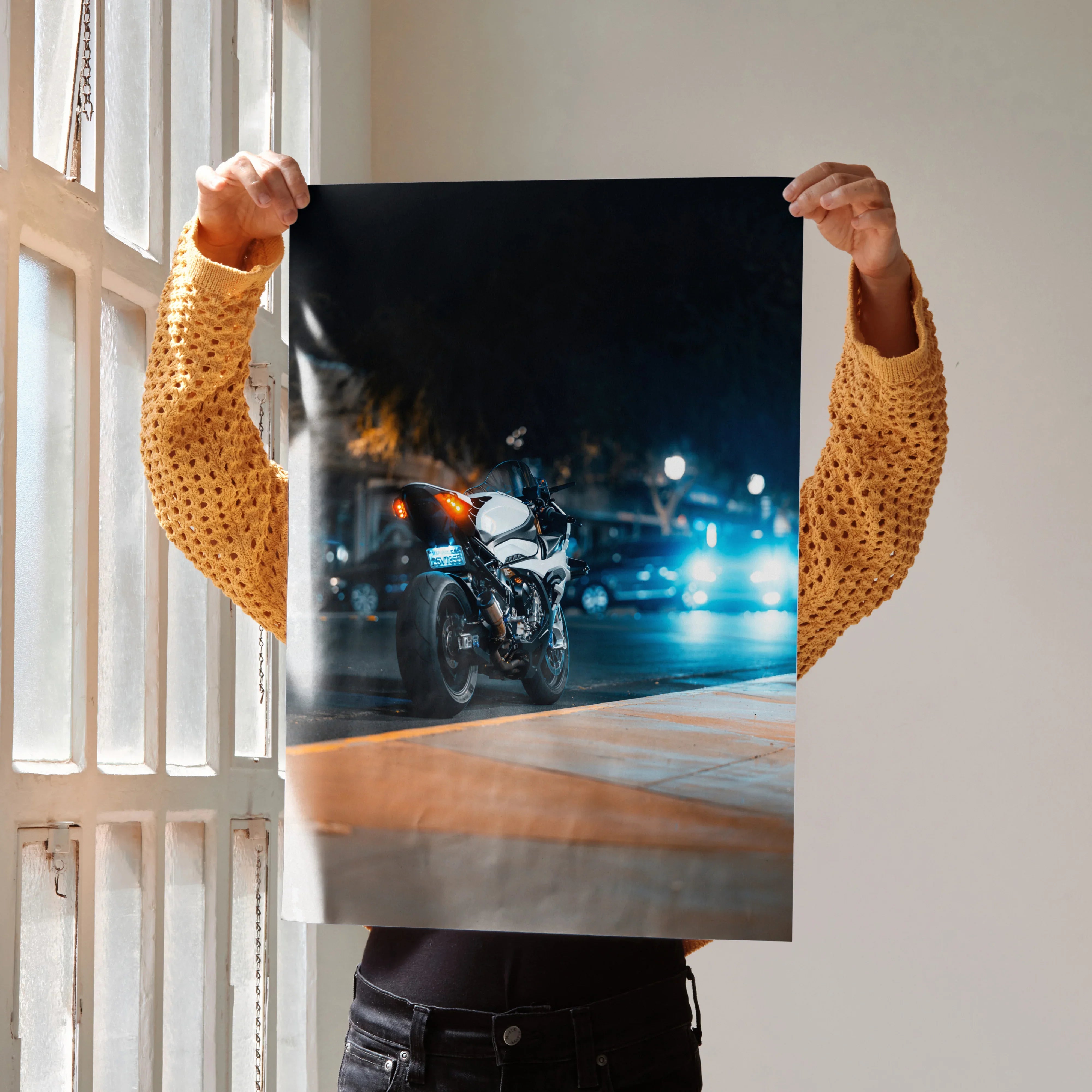 BMW S1000RR motorcycle poster with glossy finish, vibrant nighttime cityscape, premium wall art.