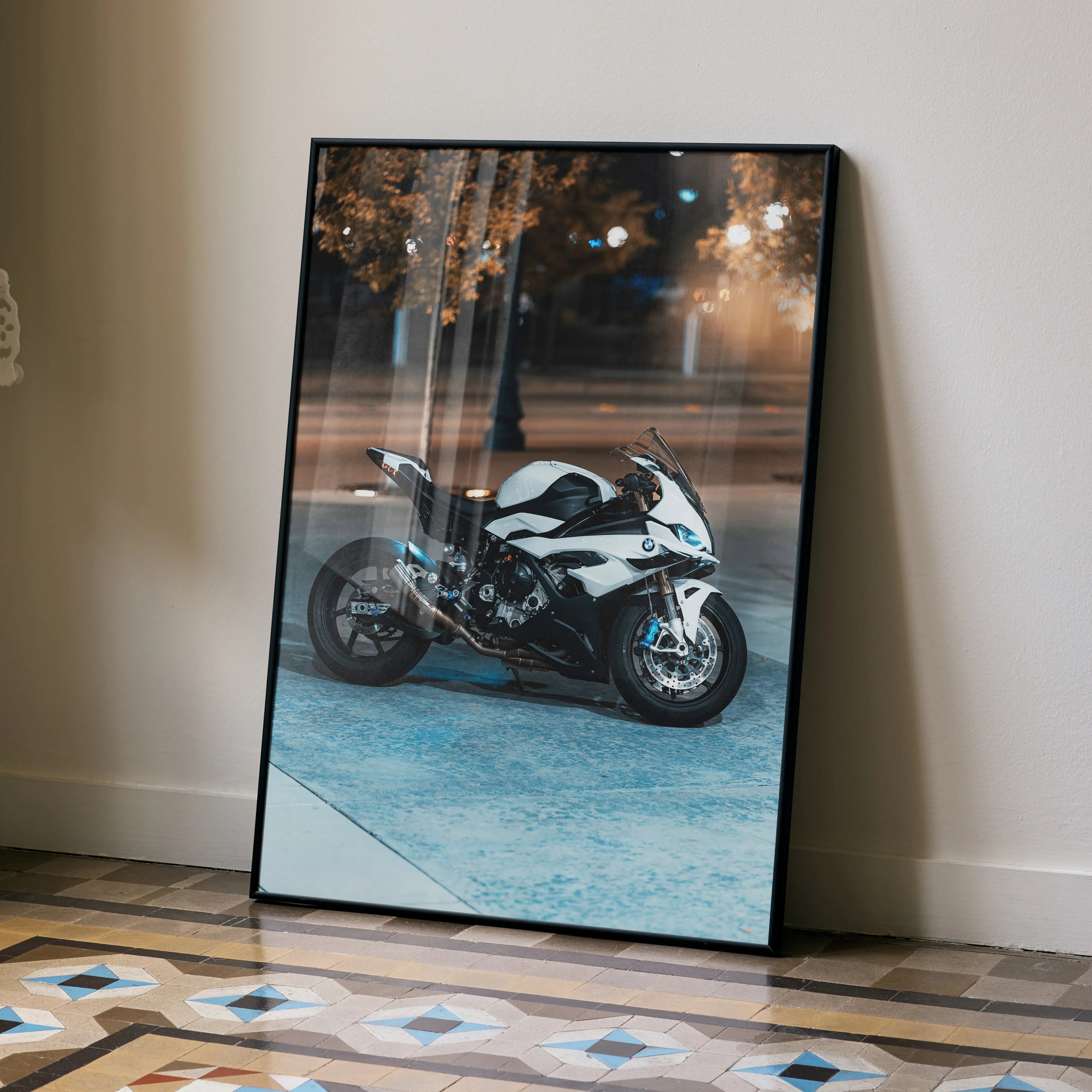 BMW S1000RR motorcycle poster with white and black design, sleek wall art in black frame.