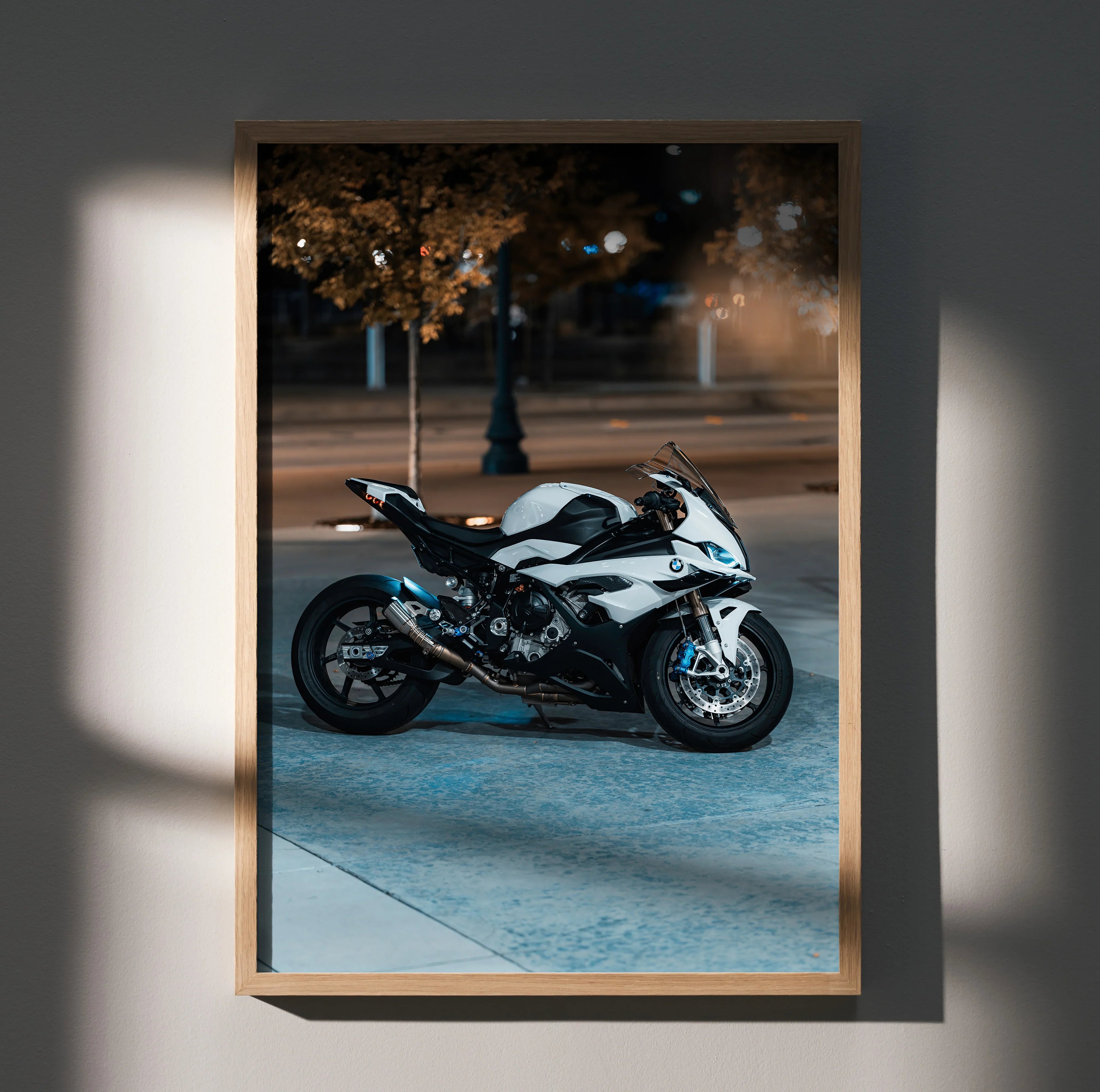 BMW S1000RR motorcycle poster showcasing sleek white and black bike, modern wall art decor.