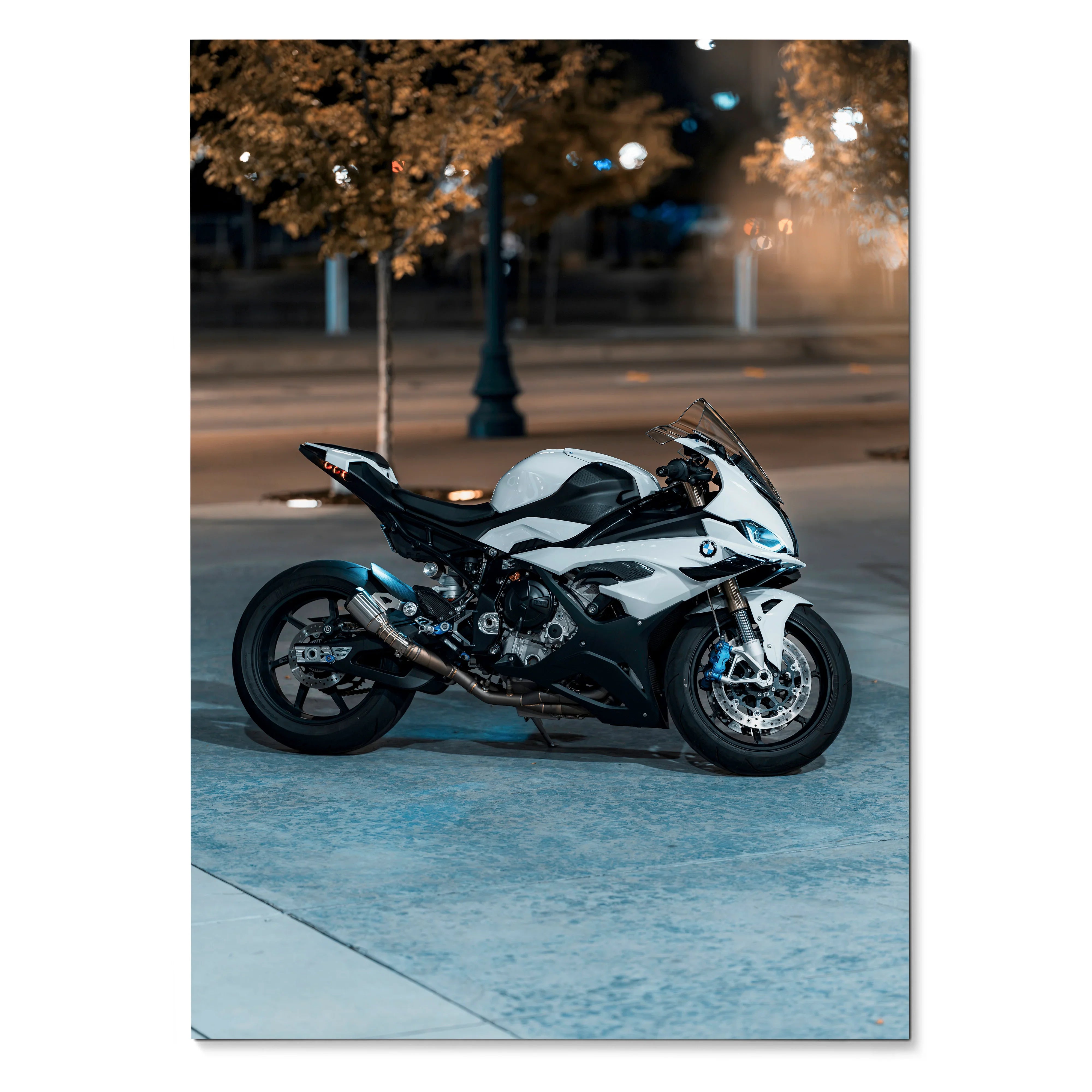 BMW S1000RR motorcycle poster with white and black design, sleek lines, urban night street wall art.