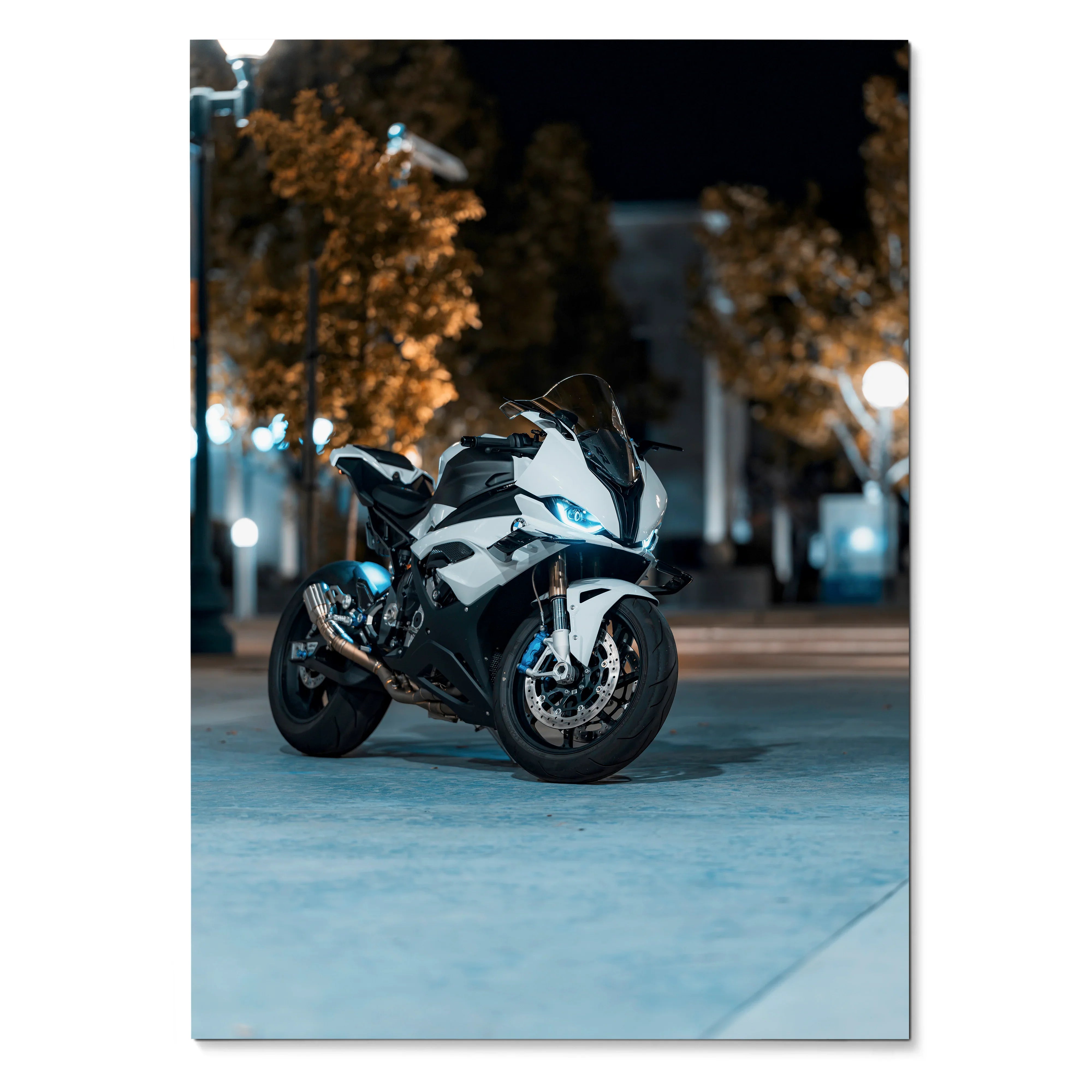 BMW S1000RR motorcycle wall art poster featuring night-time urban setting with dramatic lighting.
