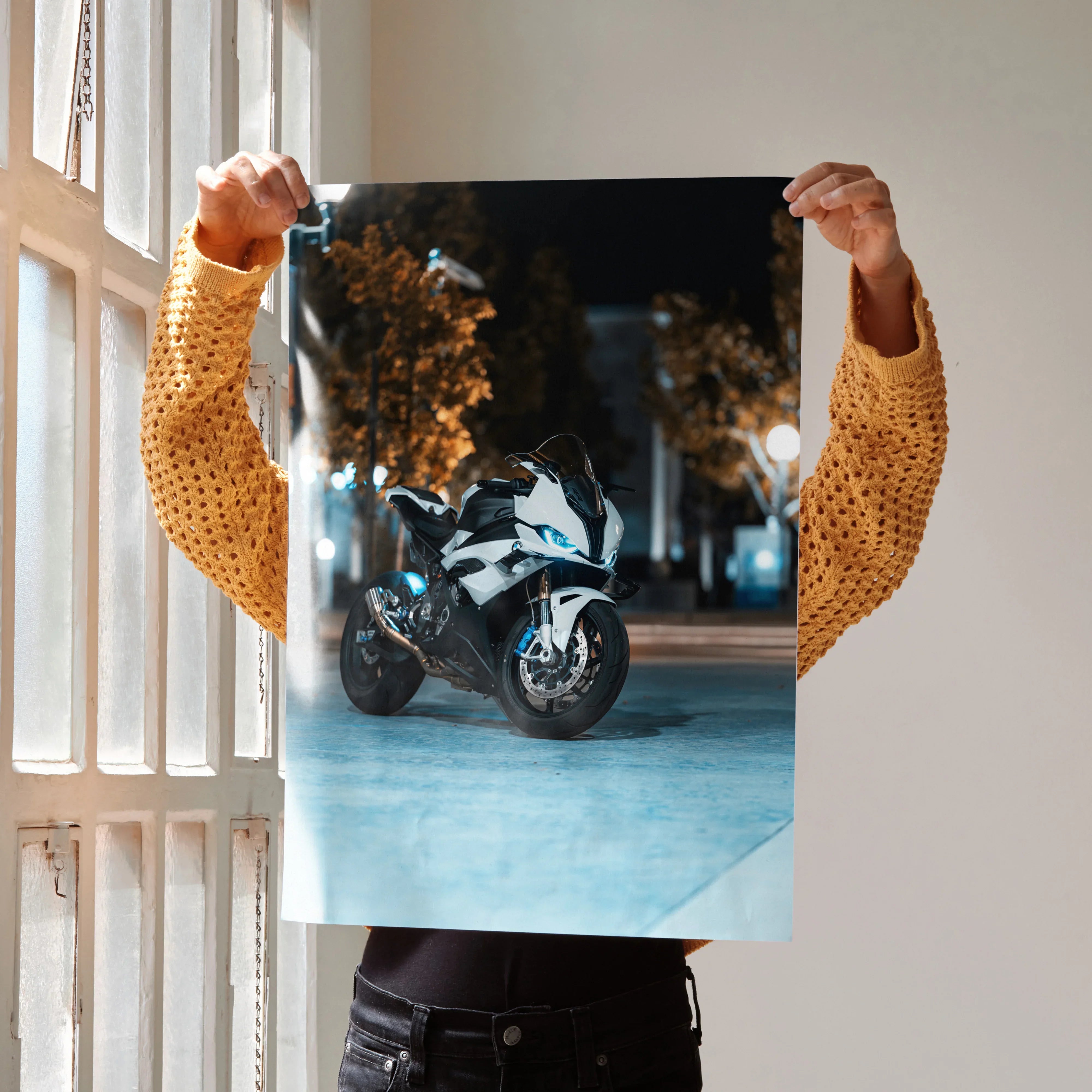 BMW S1000RR motorcycle poster with night scene, sleek design wall art print.