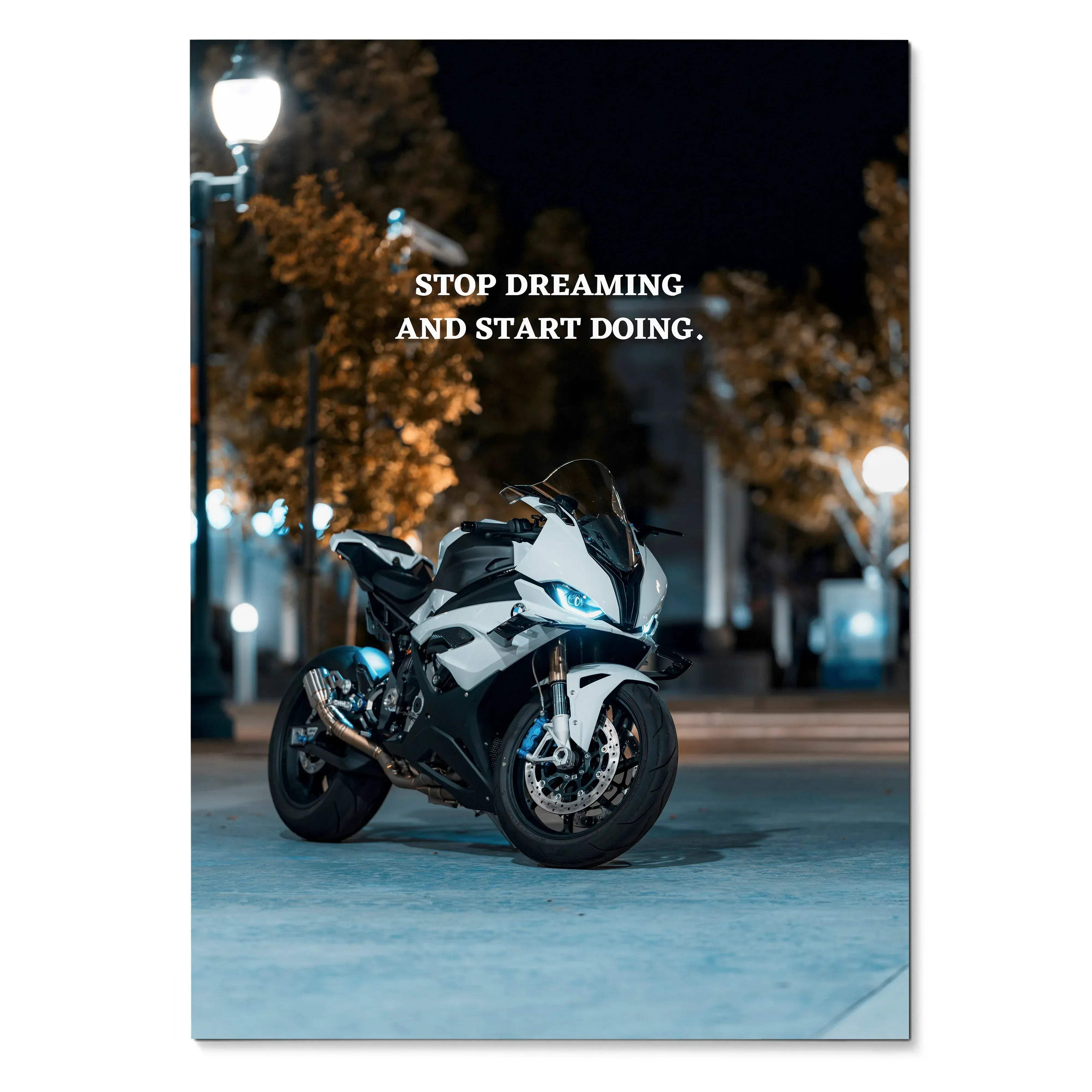Motivational poster with BMW S1000RR motorcycle at night and inspiring text "Stop Dreaming and Start Doing" wall art.