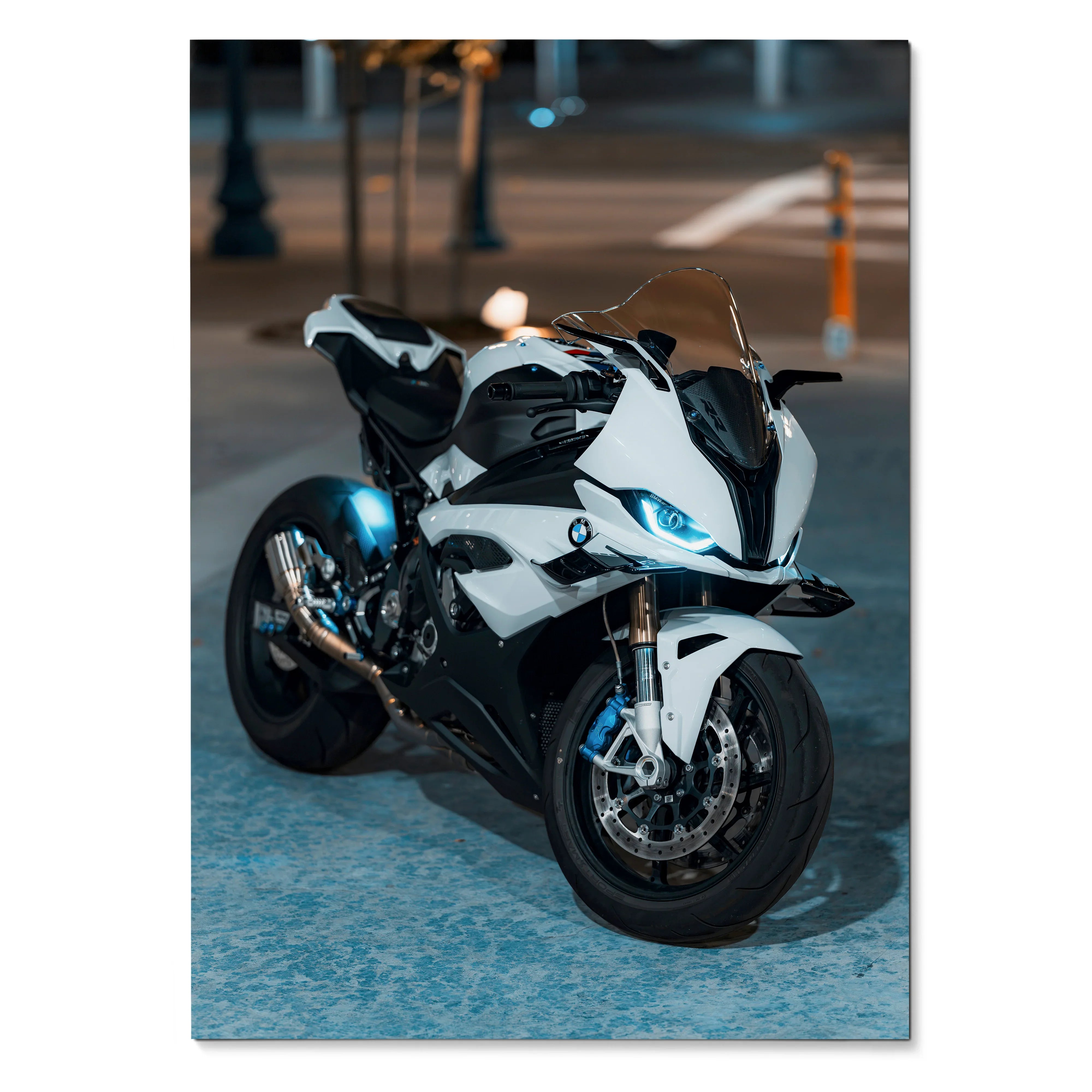 BMW S1000RR motorcycle wall art poster featuring sleek white and black racing bike with blue accents.