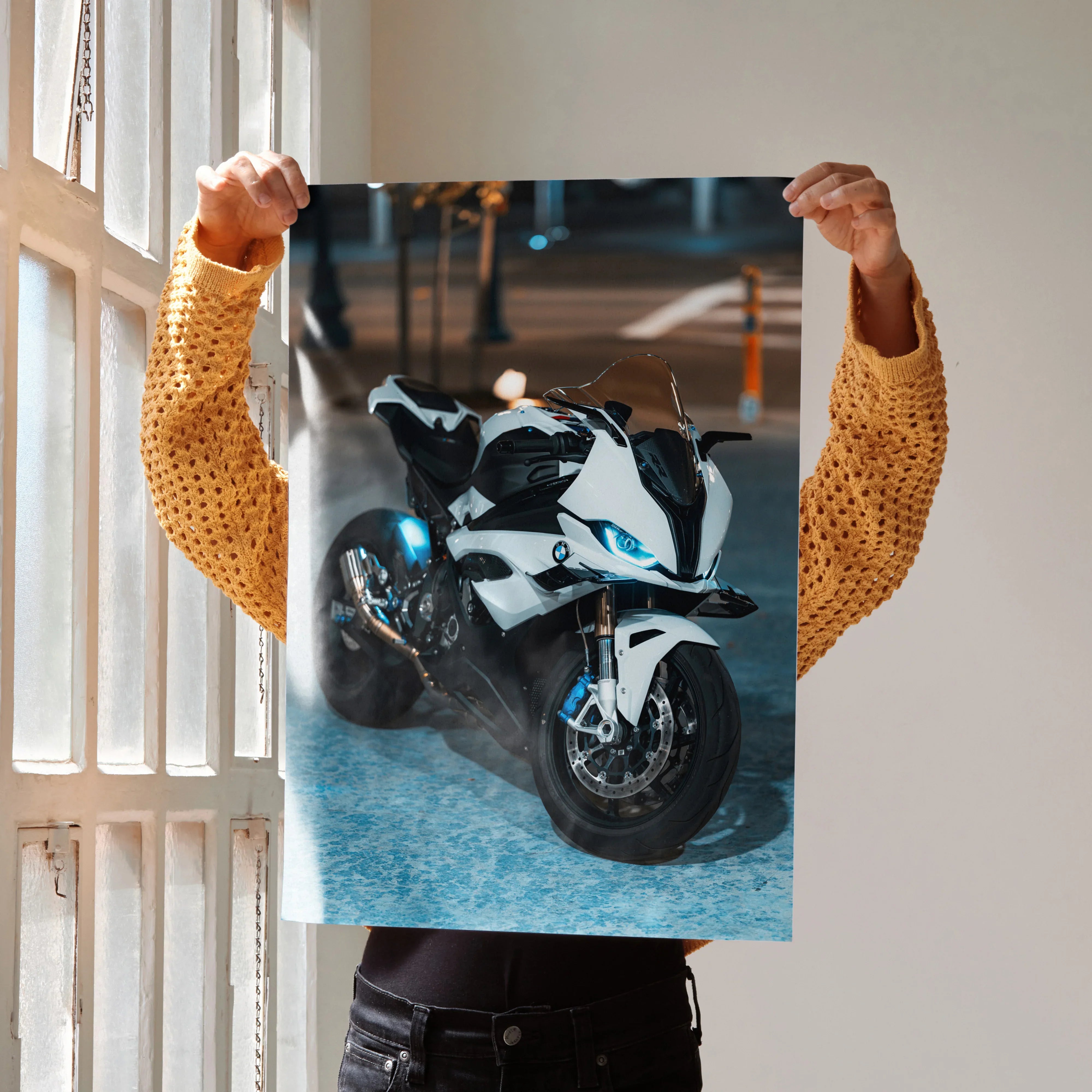 BMW S1000RR motorcycle poster with sleek white and blue sportsbike on road, wall art design.