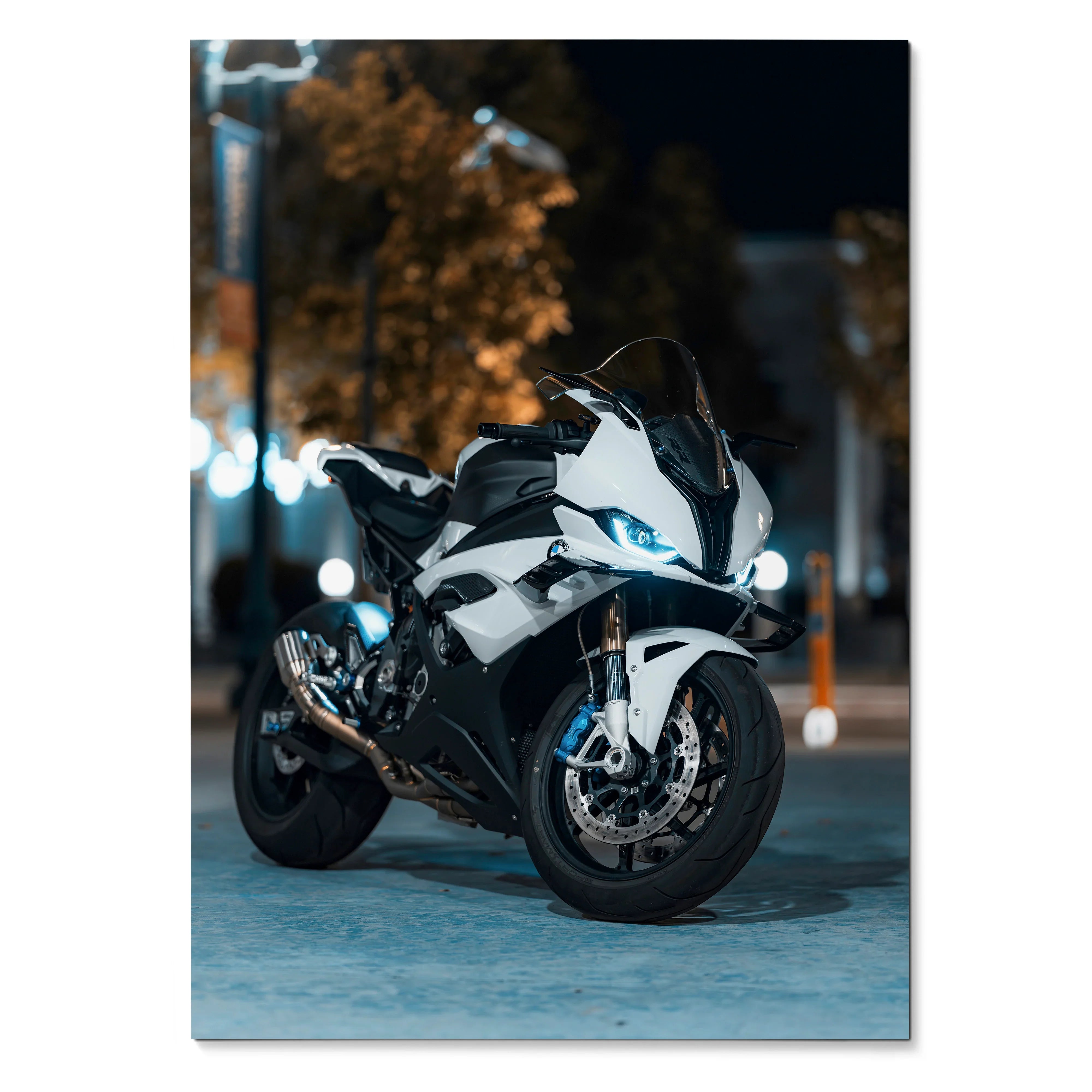 BMW S1000RR motorcycle poster with dynamic night lighting and sleek white and black design wall art.