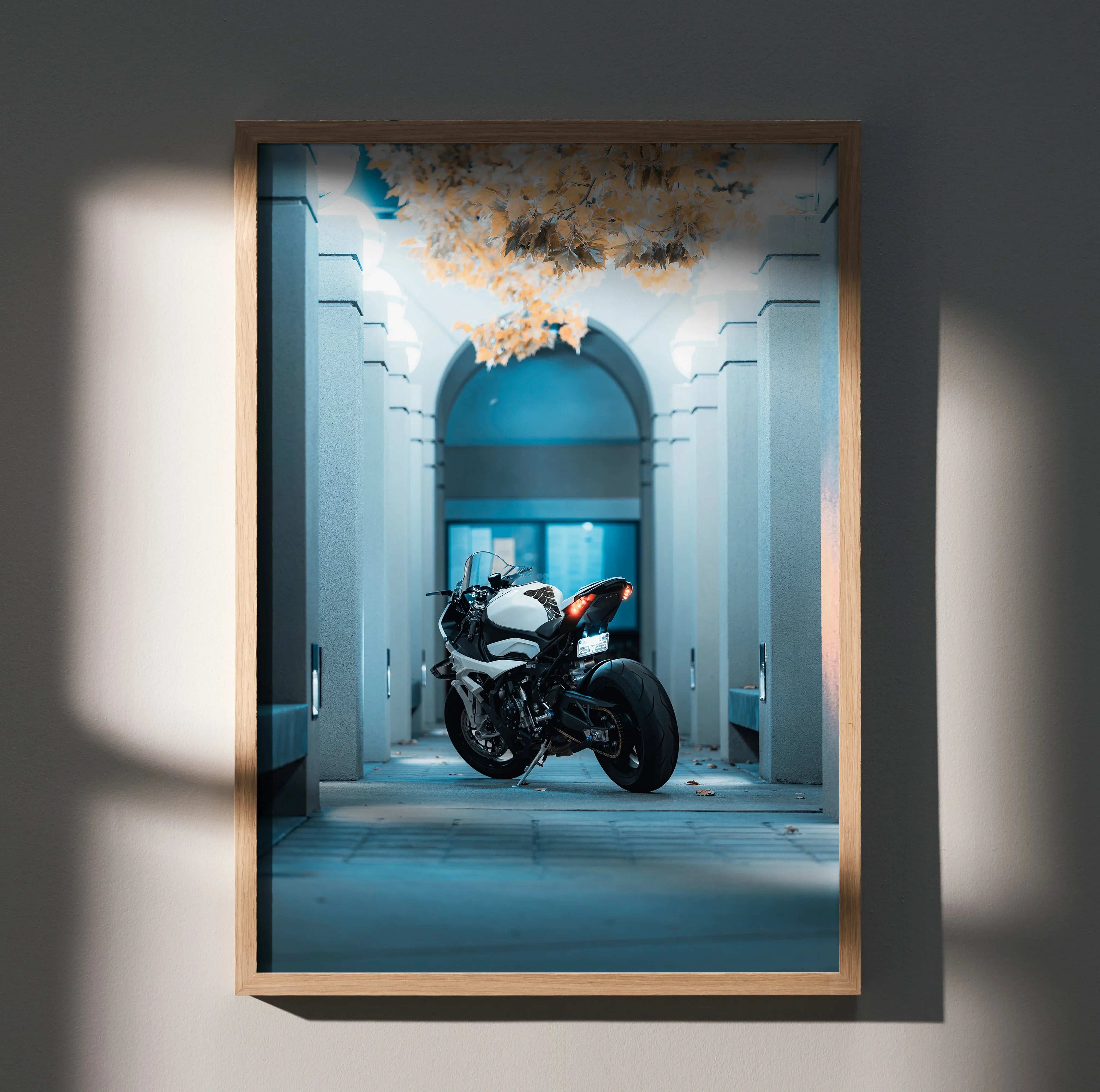 BMW S1000RR motorcycle poster with blue architectural background, modern wall art design.