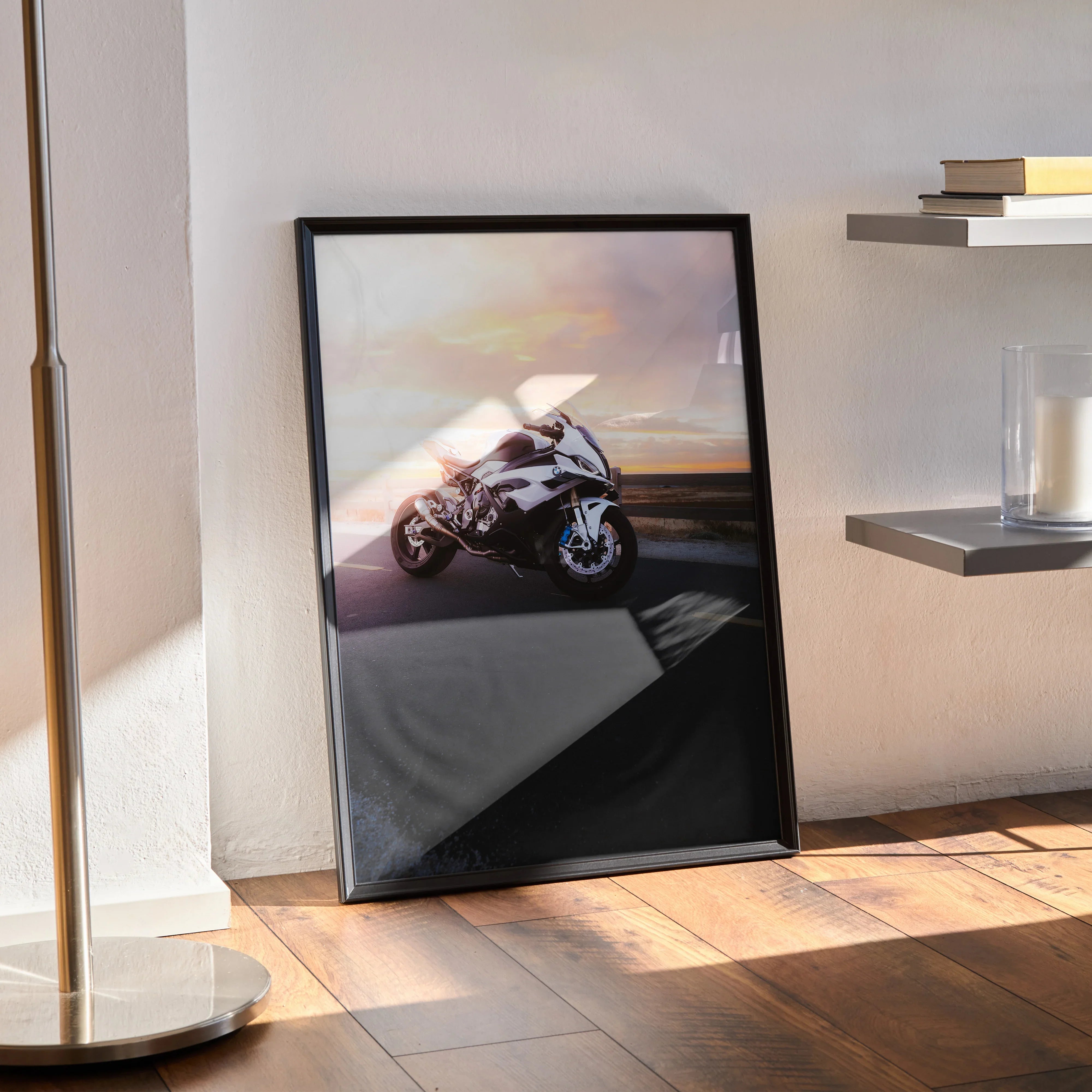 BMW S1000RR motorcycle poster with sunset background framed as modern wall art decor.