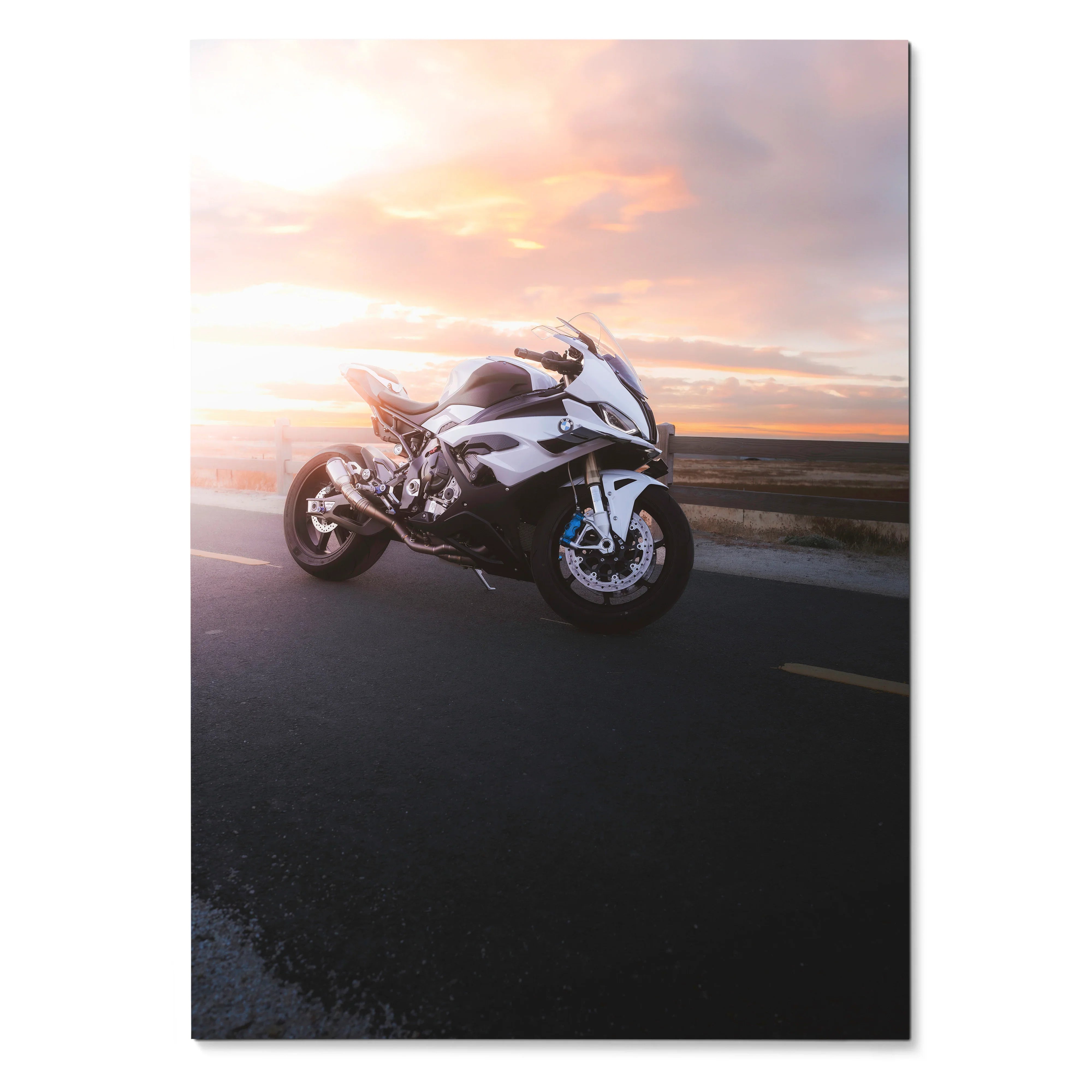 BMW S1000RR motorcycle poster with sunset background, sleek design wall art decor.