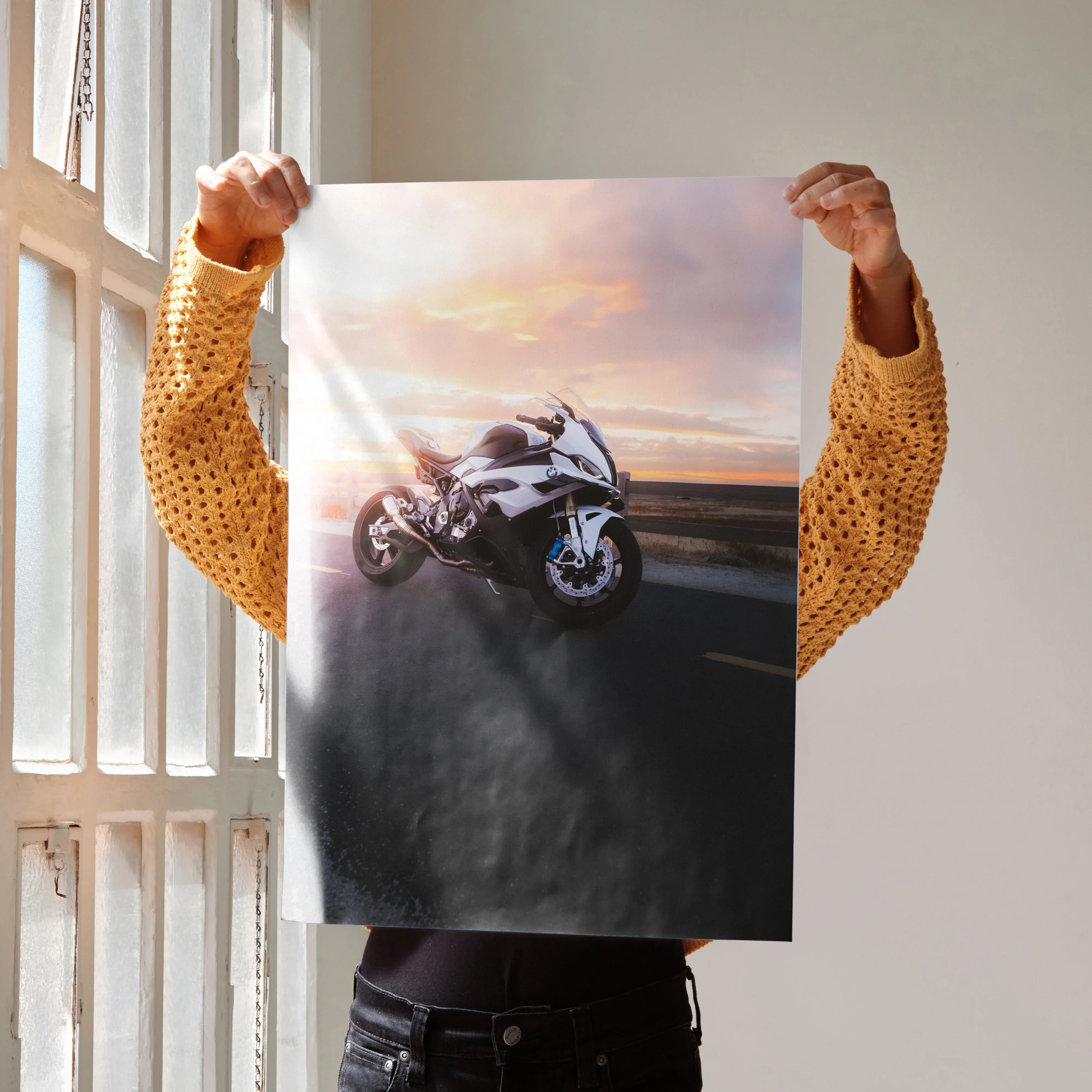 BMW S1000RR motorcycle poster with sunset background, sleek design wall art decor.