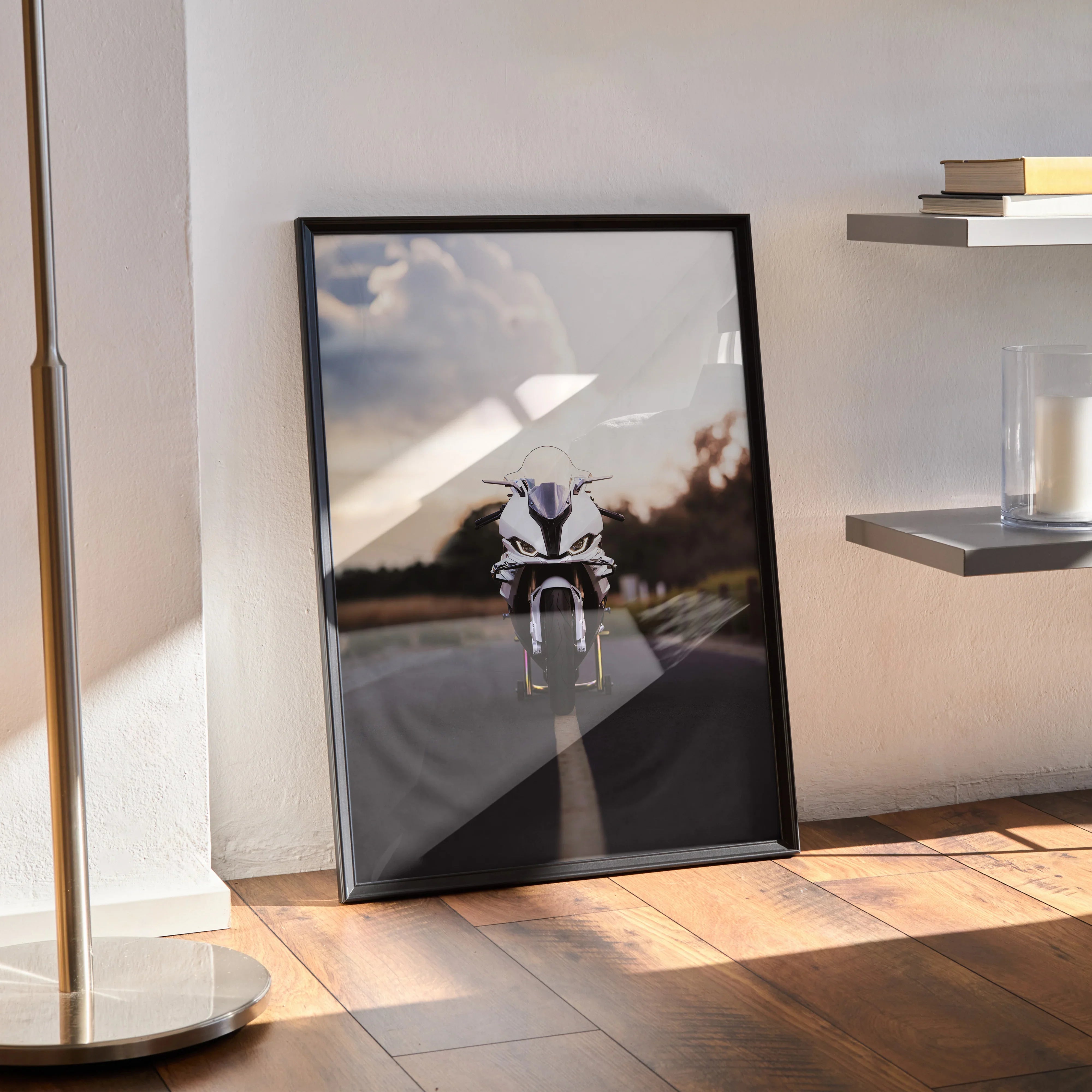 BMW S1000RR motorcycle art print poster with sunset road background, sleek black frame wall art.