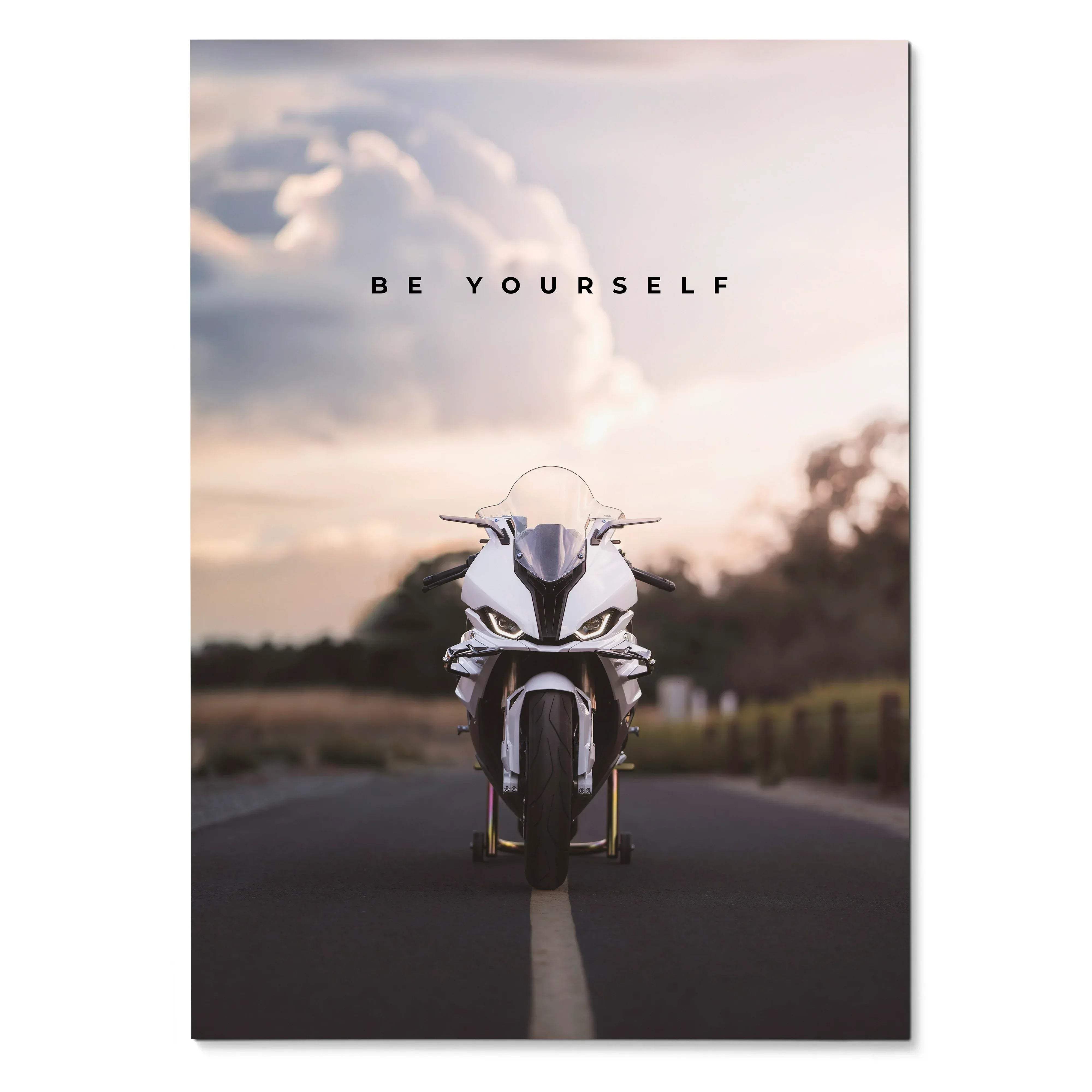 BMW S1000RR motorcycle on road under cloudy sky with "Be Yourself" motivational text poster wall art.