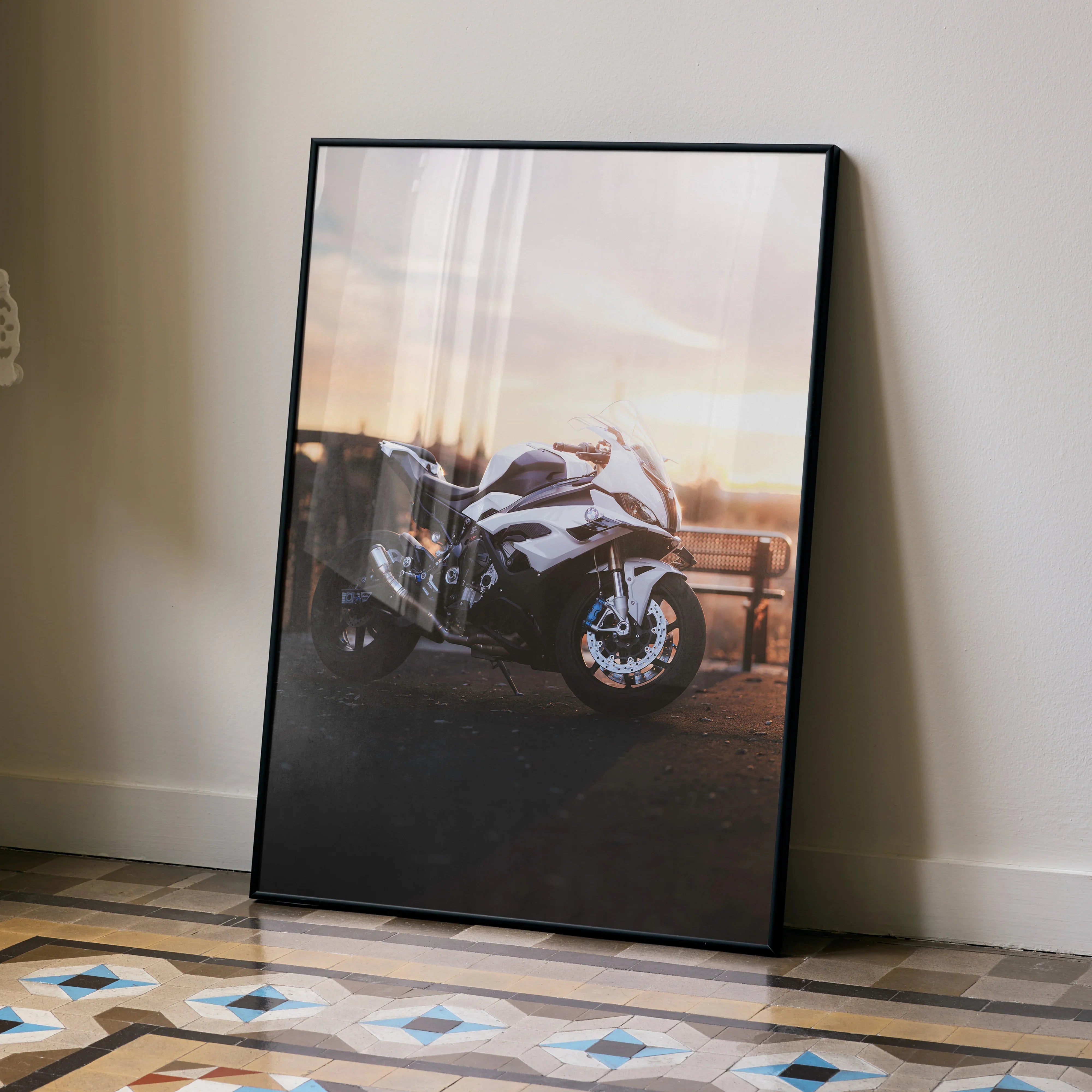 BMW S1000RR motorcycle poster with black frame, sunset background, modern wall art decor.