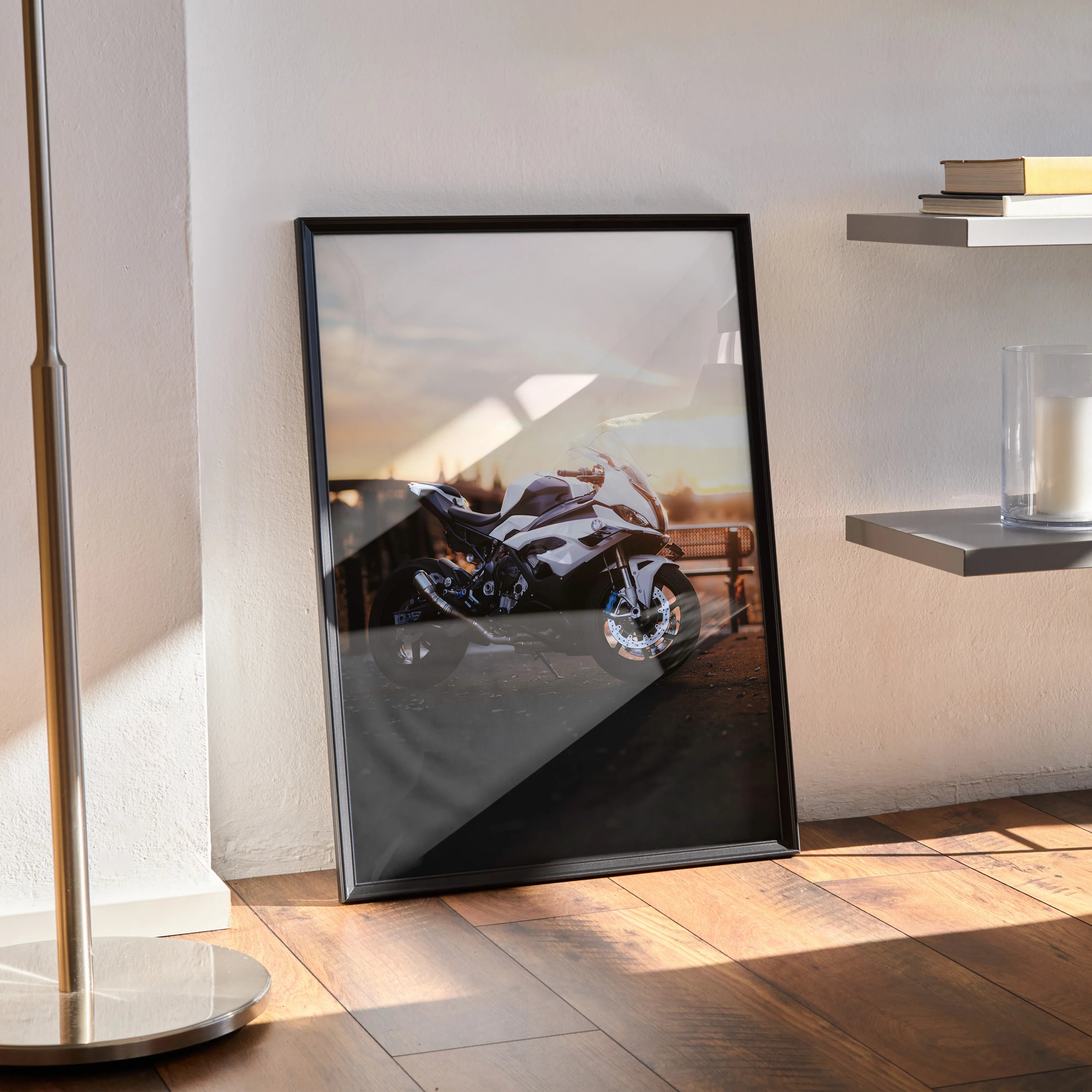 BMW S1000RR M-Package motorcycle poster with sunset backdrop, modern wall art in black frame.