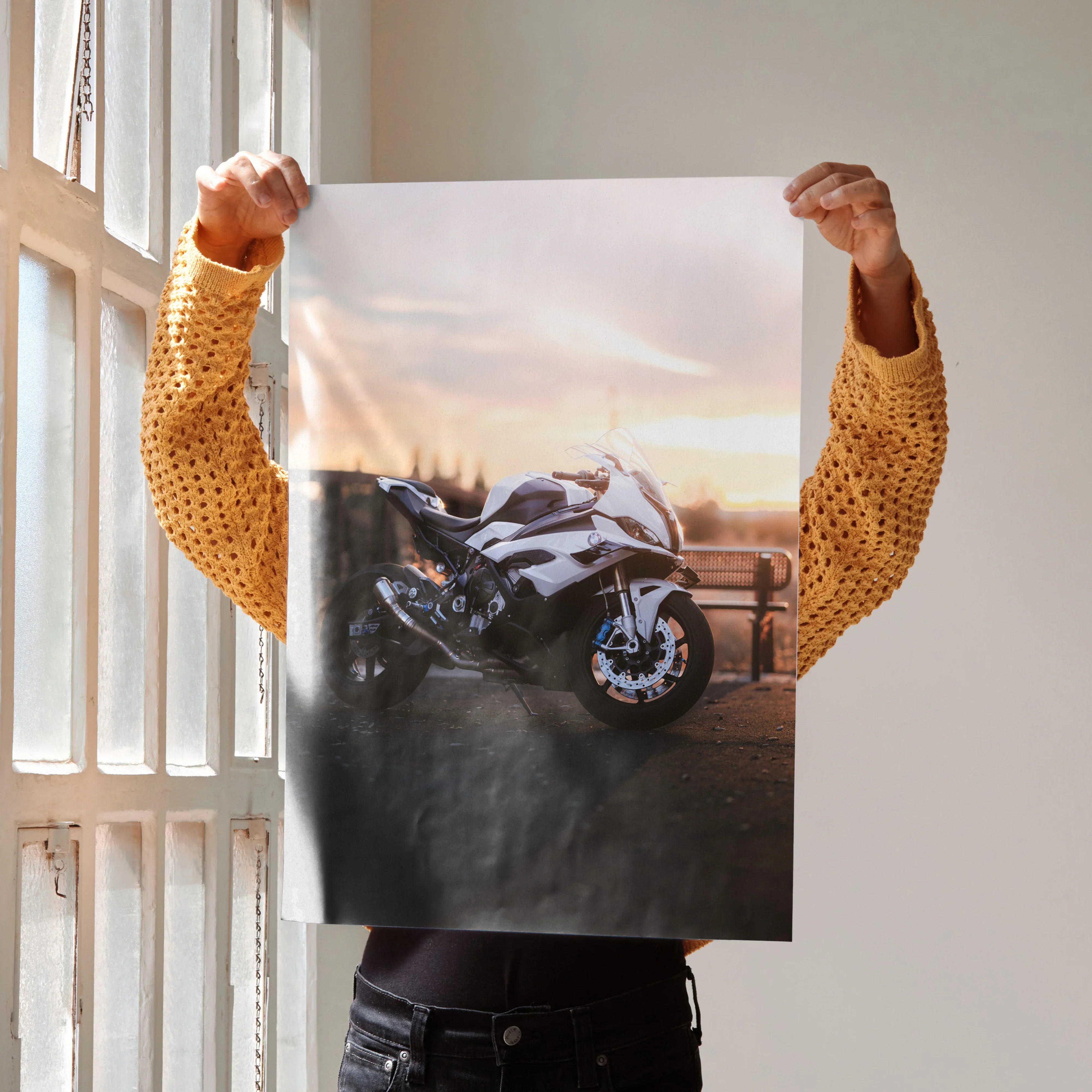 BMW S1000RR motorcycle wall art poster with sunset background and sleek white bike design.