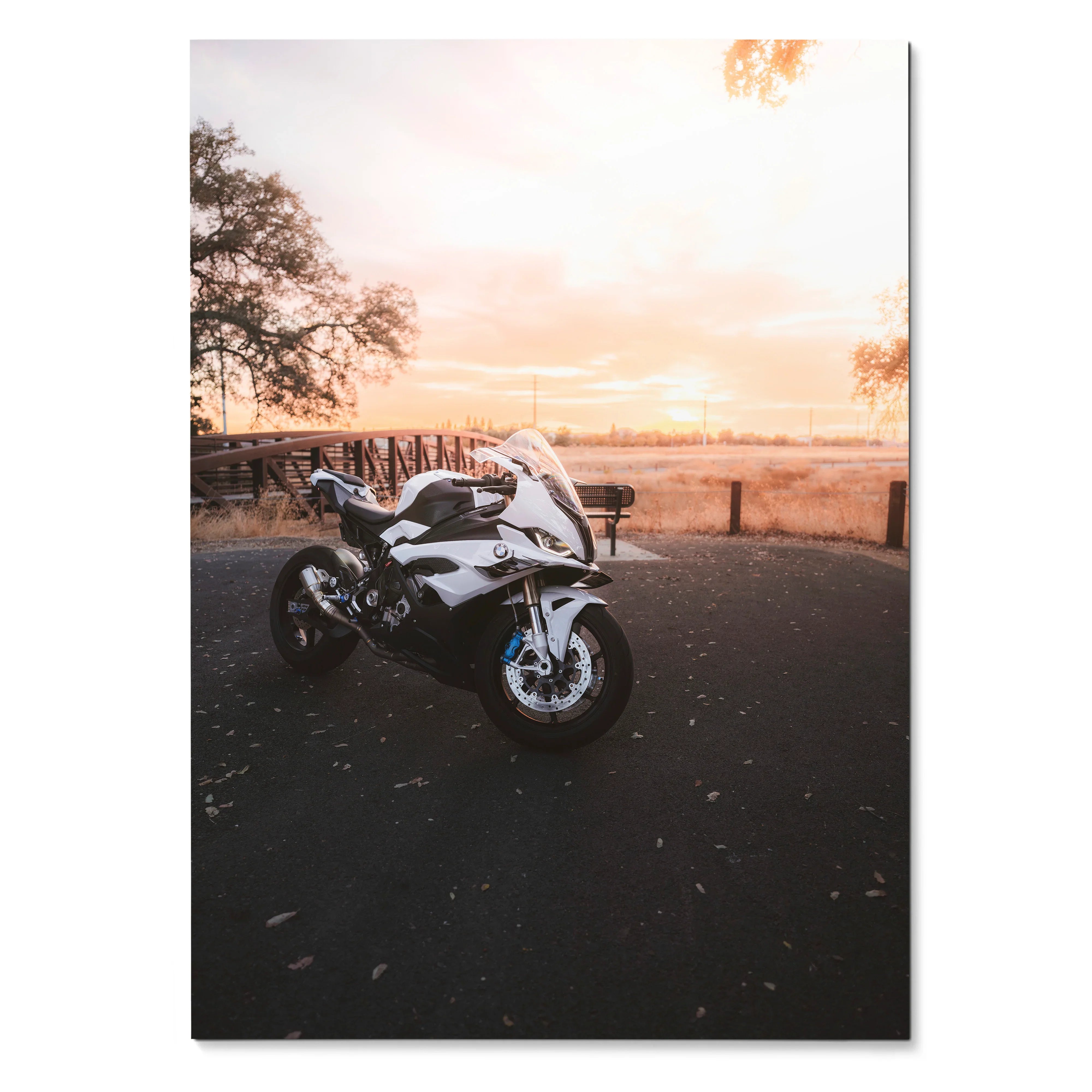 BMW S1000RR motorcycle poster with white bike against a sunset sky wall art.