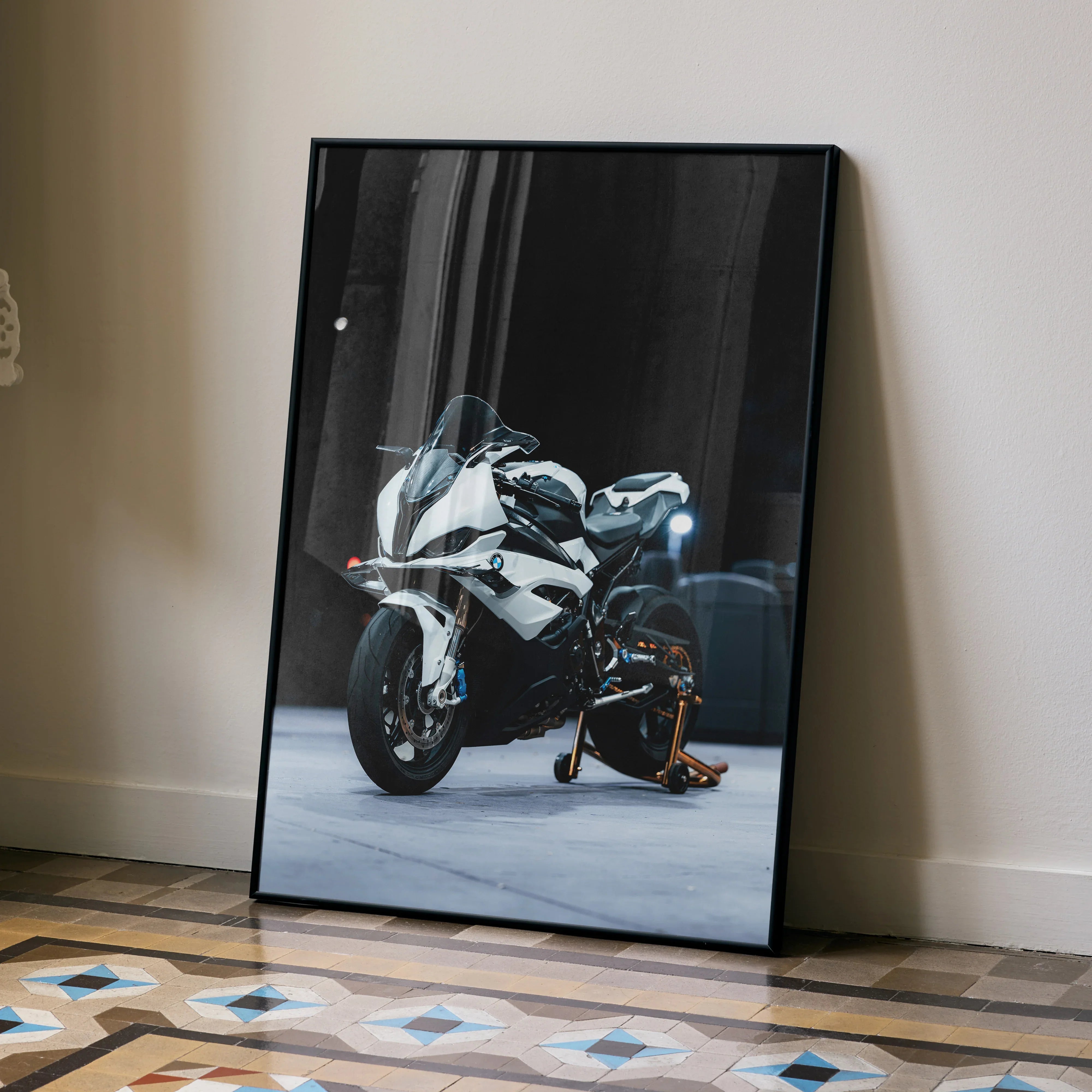 BMW S1000RR motorcycle poster with sleek white bike and detailed shadows, modern wall art print.