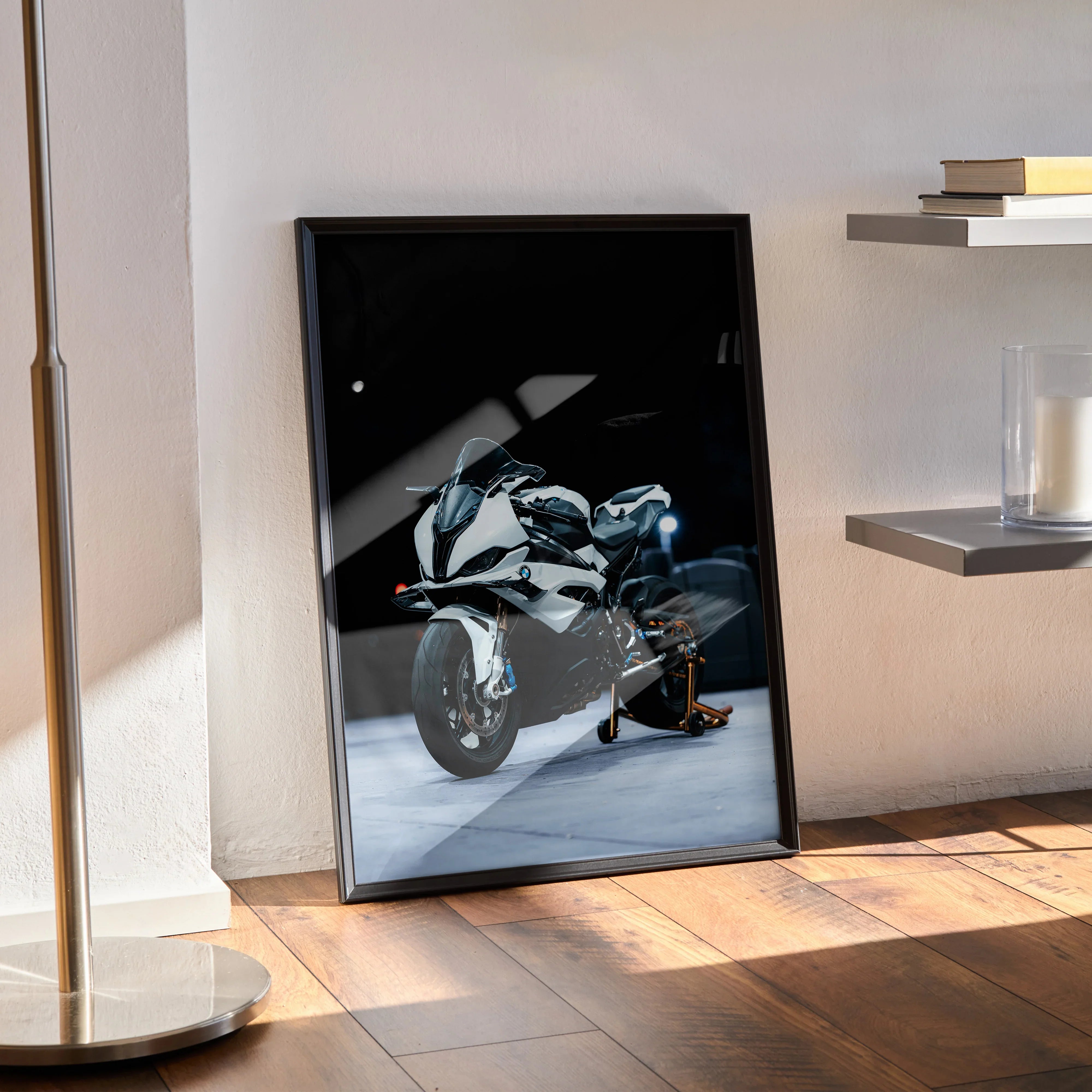 BMW S1000RR motorcycle poster with sleek black and white design, premium wall art print in black frame.