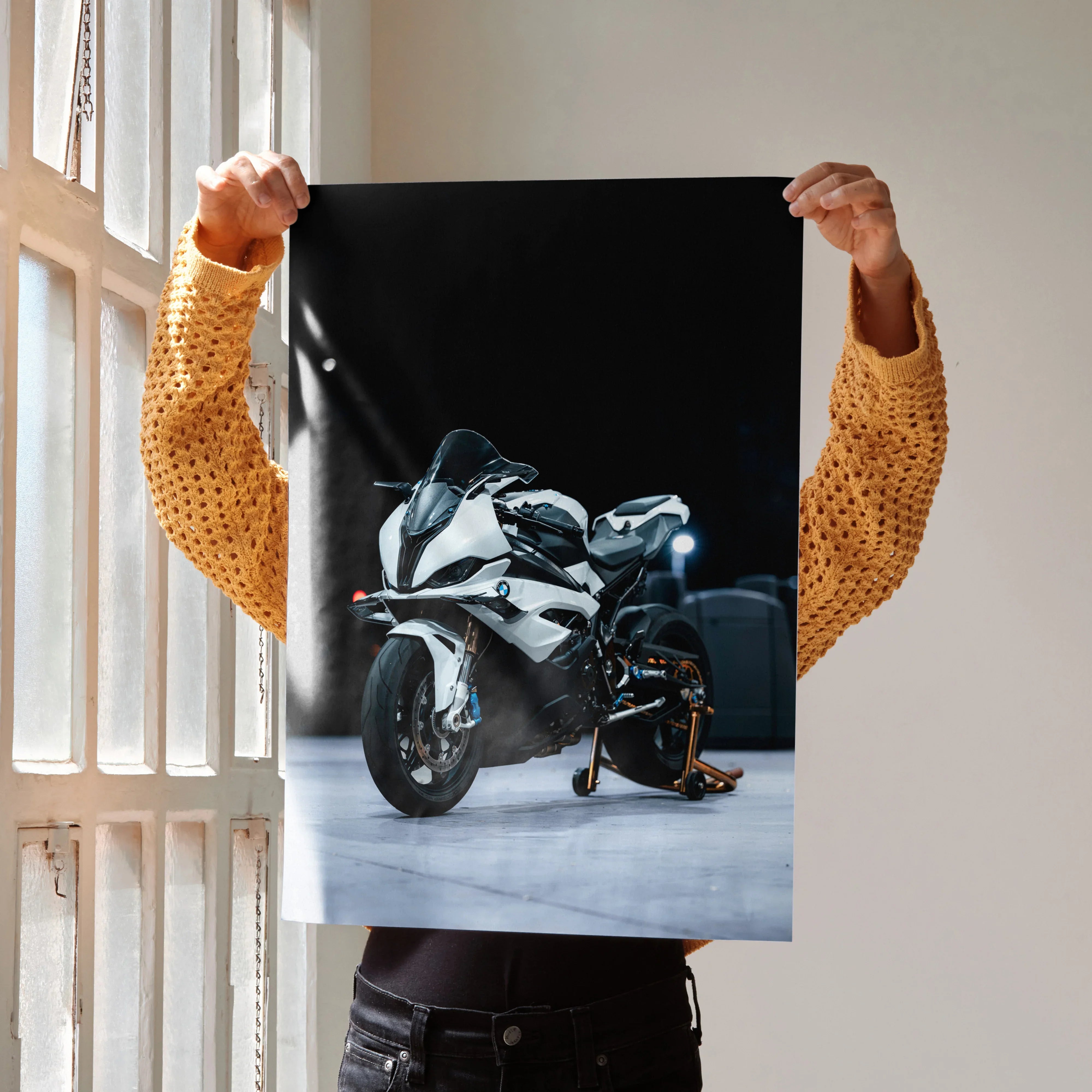 BMW S1000RR motorcycle poster with black background displayed as premium wall art.