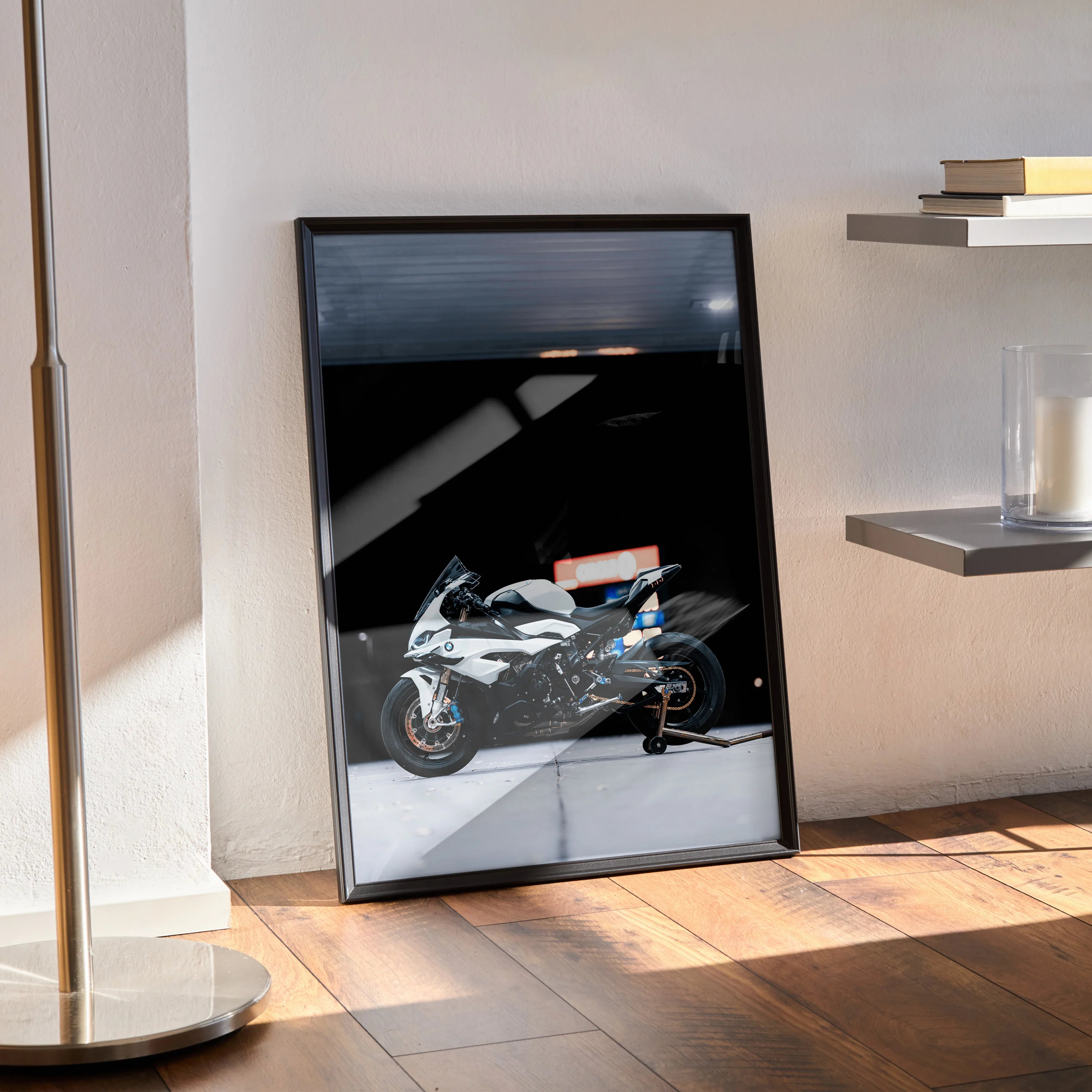BMW S1000RR motorcycle poster with sleek black and silver design, modern wall art in black frame.