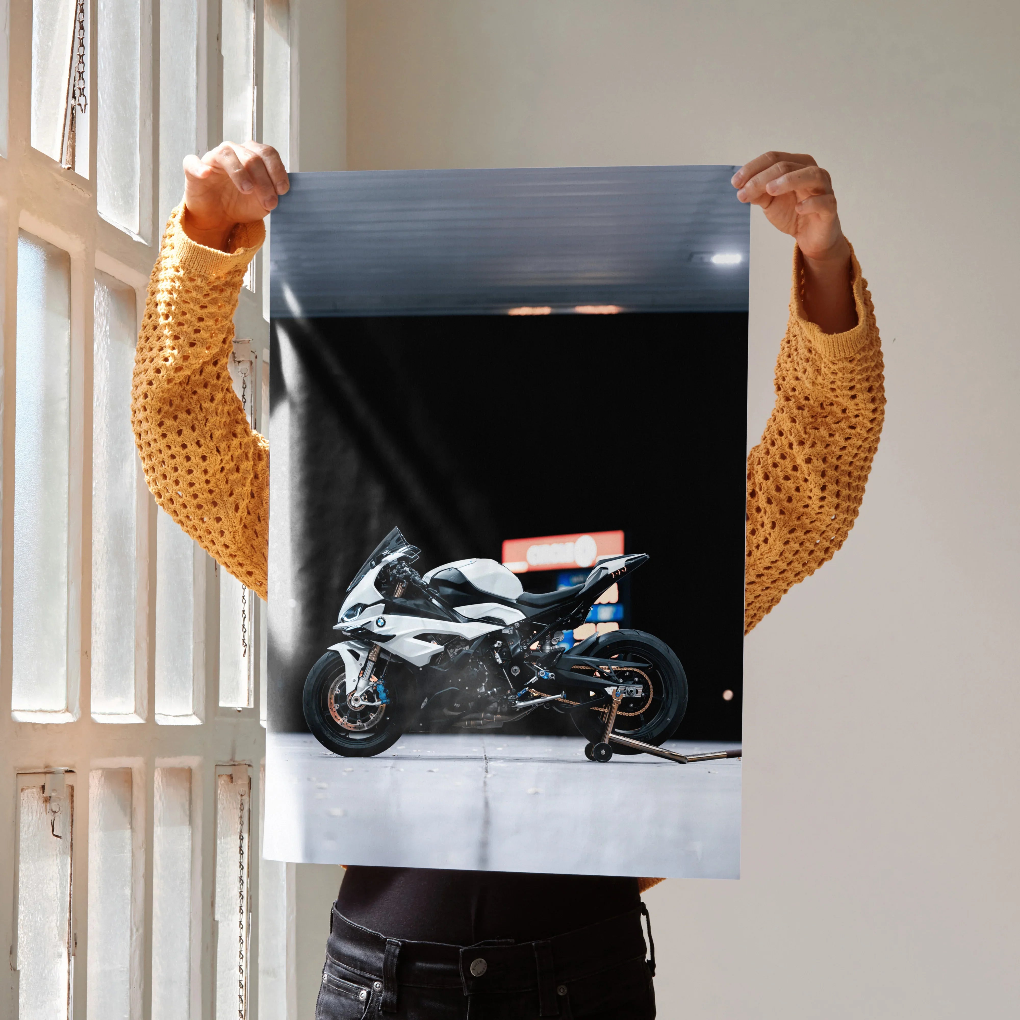 BMW S1000RR motorcycle poster with sleek white bike on black background wall art.