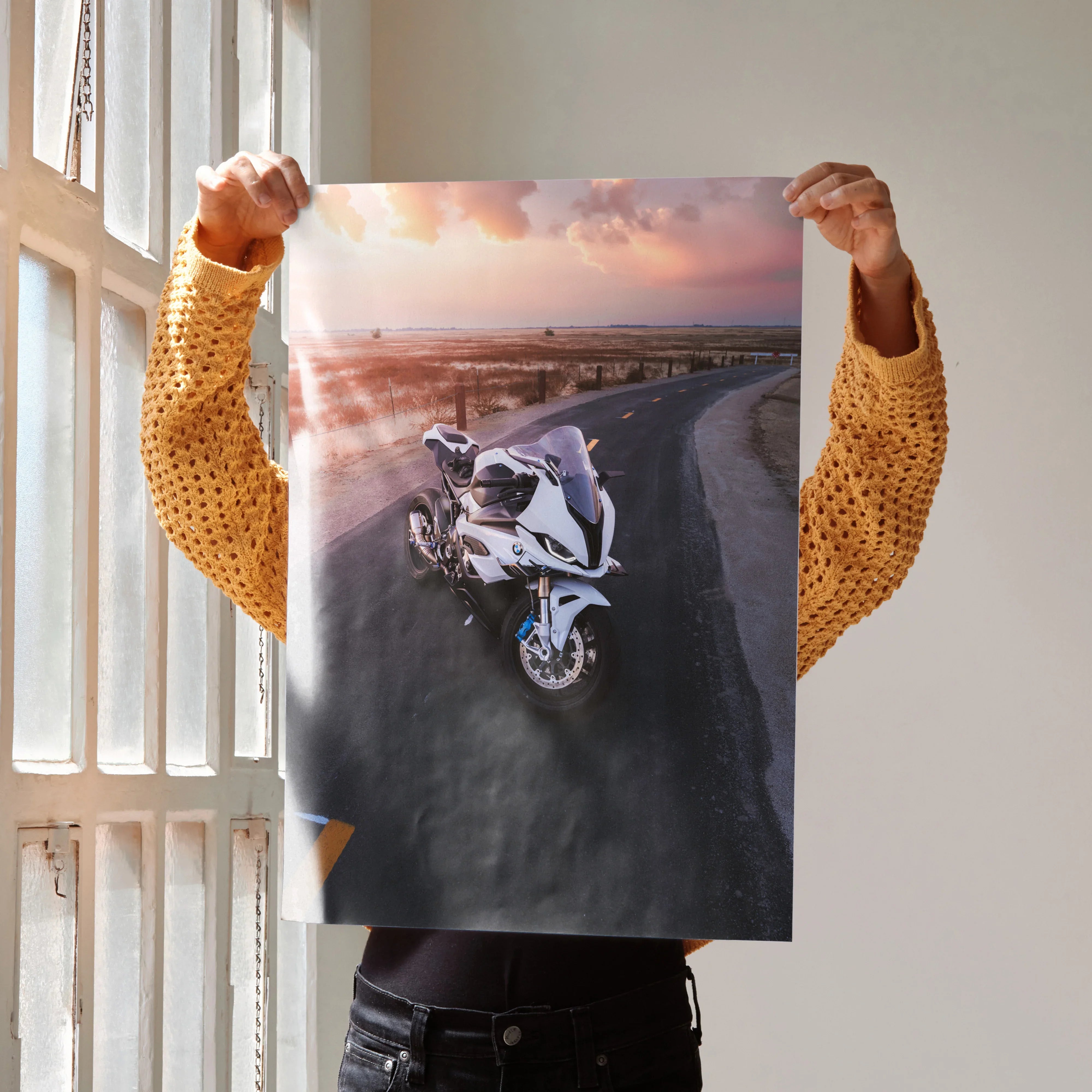 BMW S1000RR motorcycle poster with sunset background, vibrant wall art for enthusiasts.