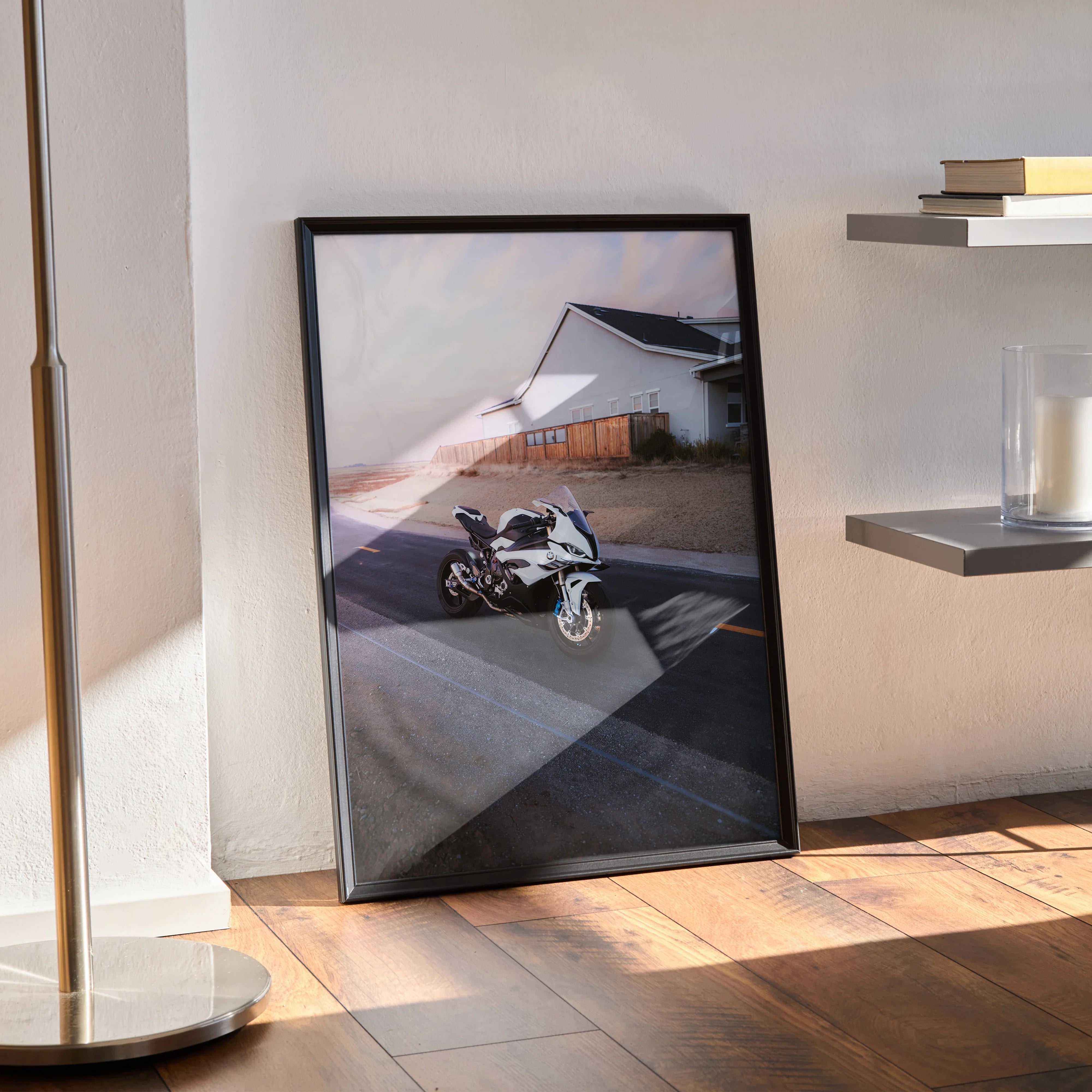 BMW S1000RR 007 M-Package motorcycle poster with sunset backdrop, modern wall art in black frame.