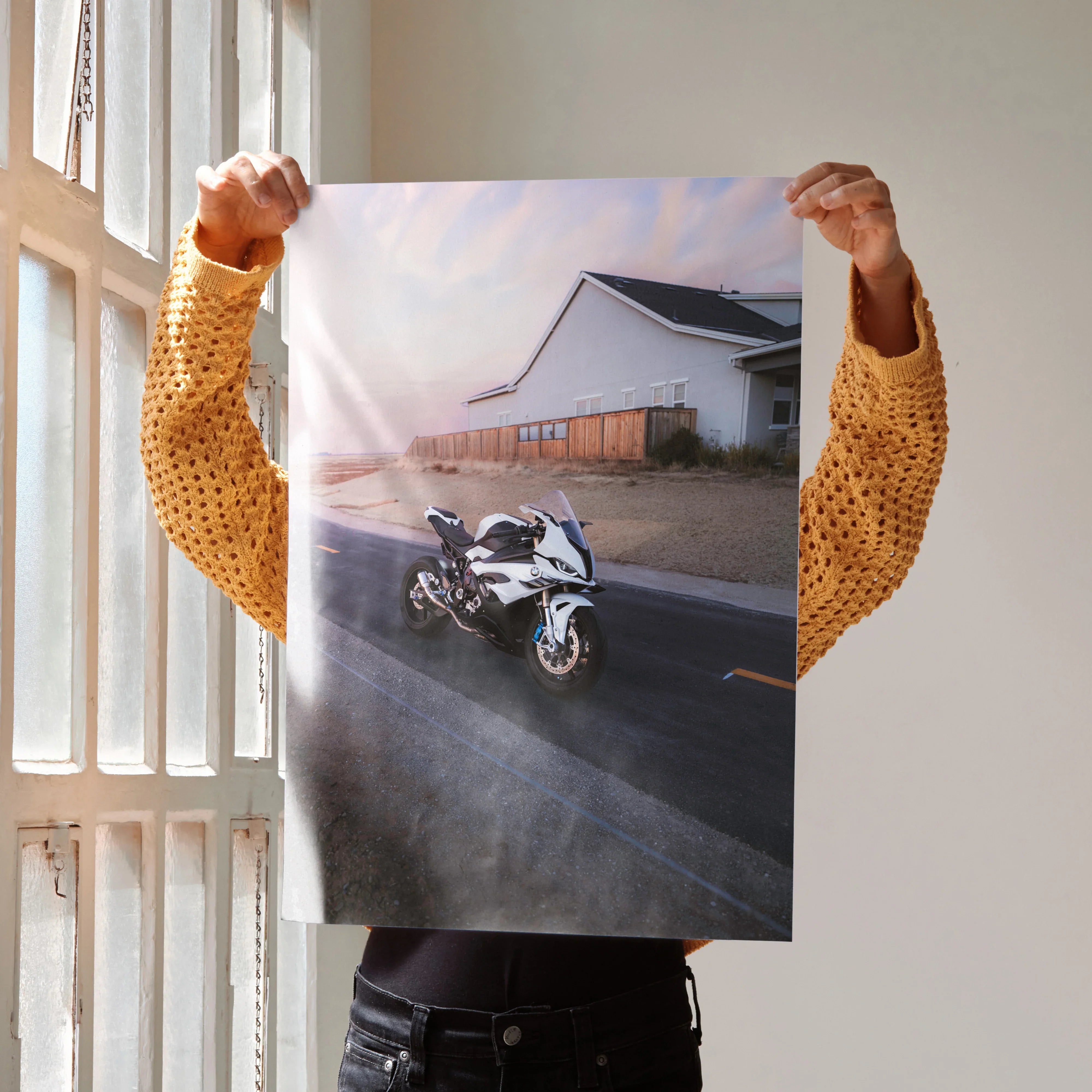 BMW S1000RR motorcycle poster showcasing sleek bike on sunset road, modern wall art for enthusiasts.