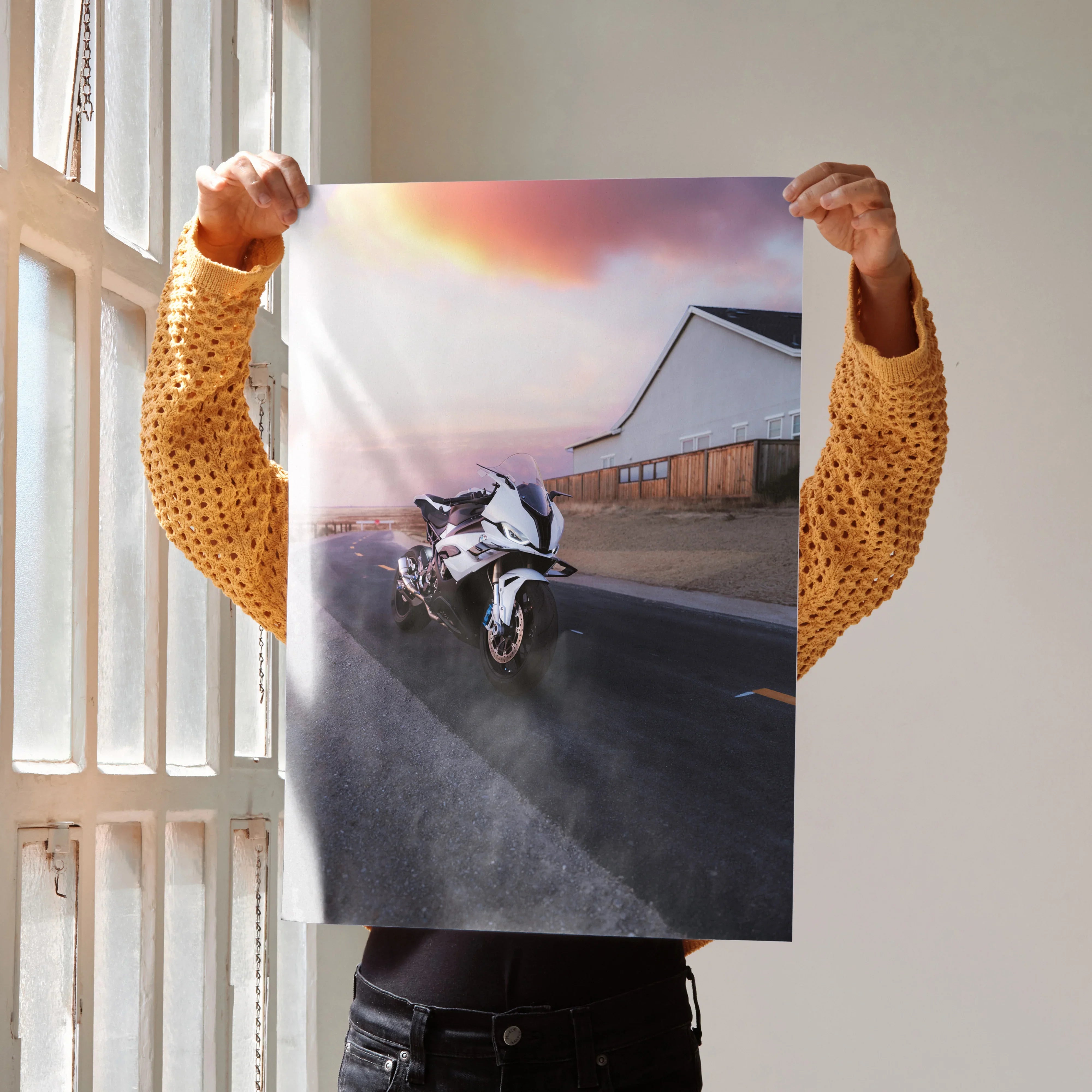 BMW S1000RR motorcycle poster with sunset and modern building, sleek wall art design.