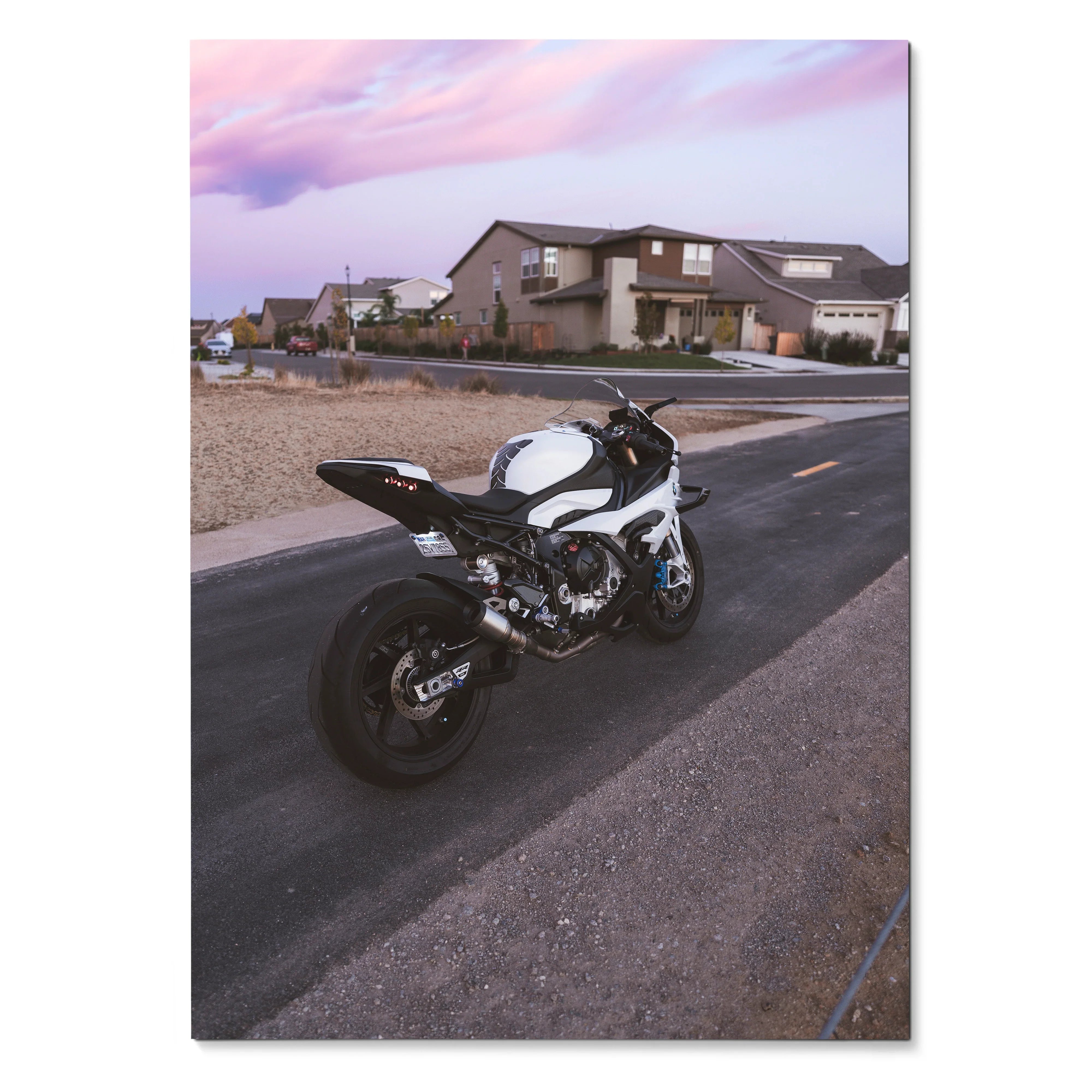 BMW S1000RR motorcycle poster with rear view on suburban street at sunset wall art.