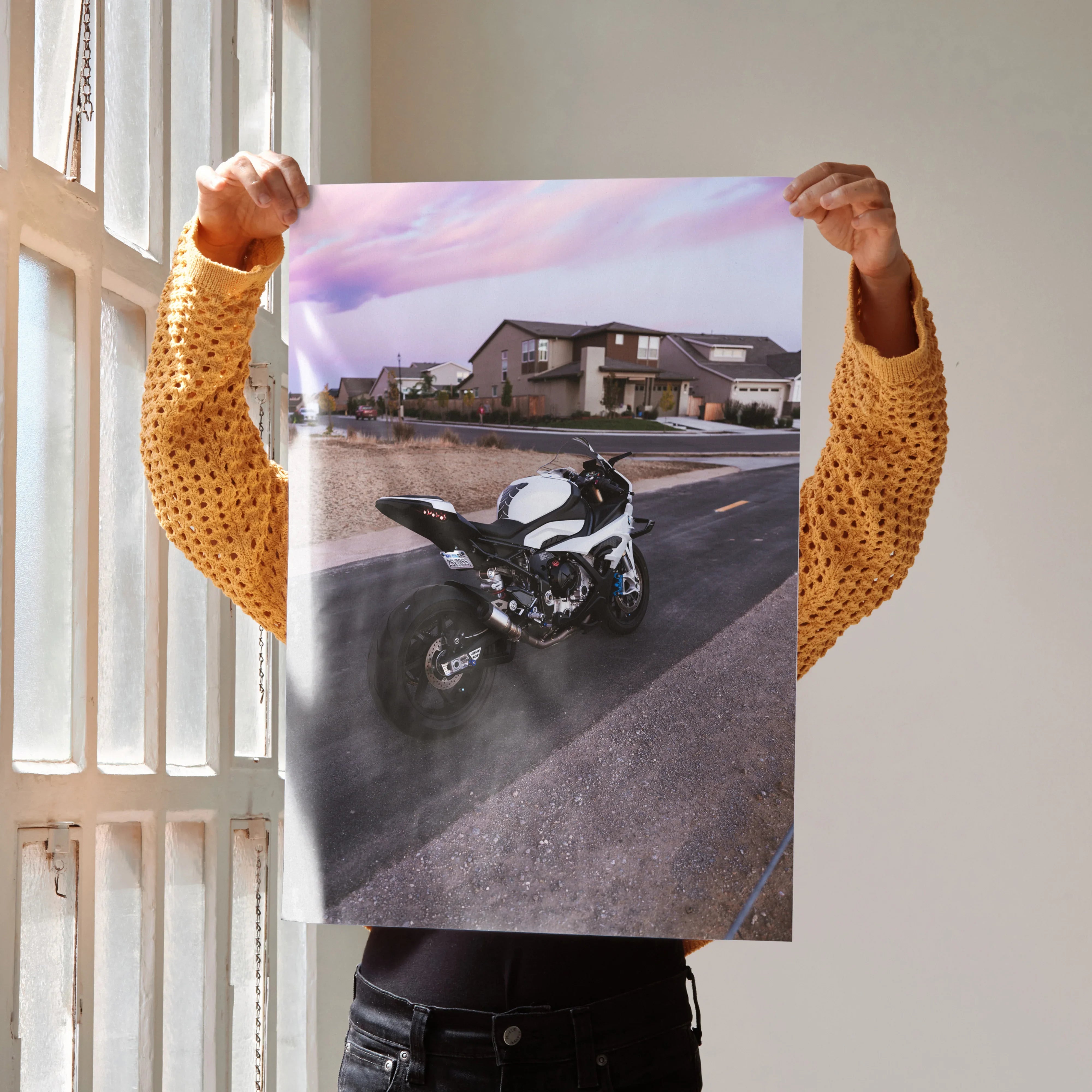 BMW S1000RR motorcycle poster with dynamic street scene, perfect wall art for enthusiasts.