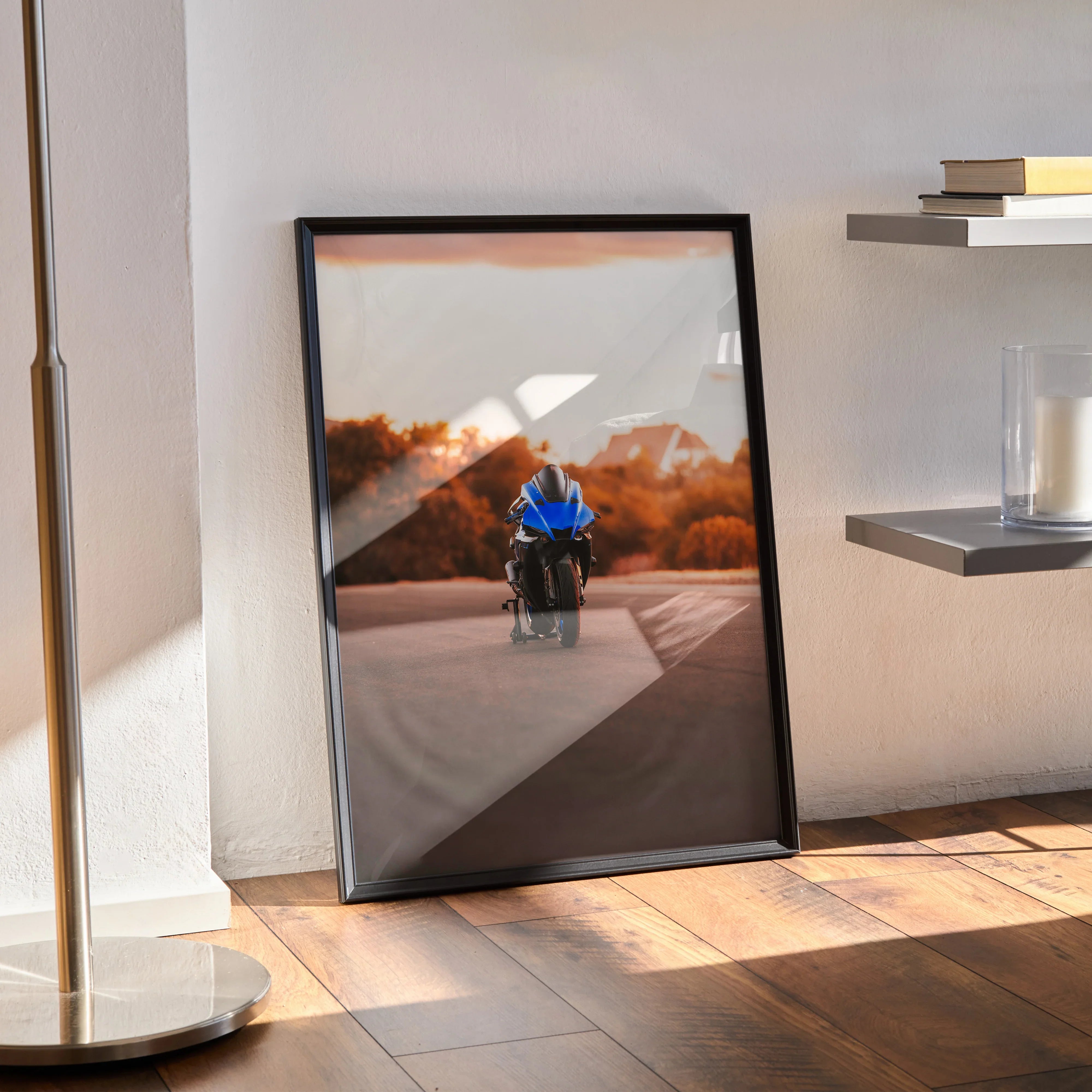 Yamaha R1 motorcycle speeding on road poster in black frame wall art with autumn background.