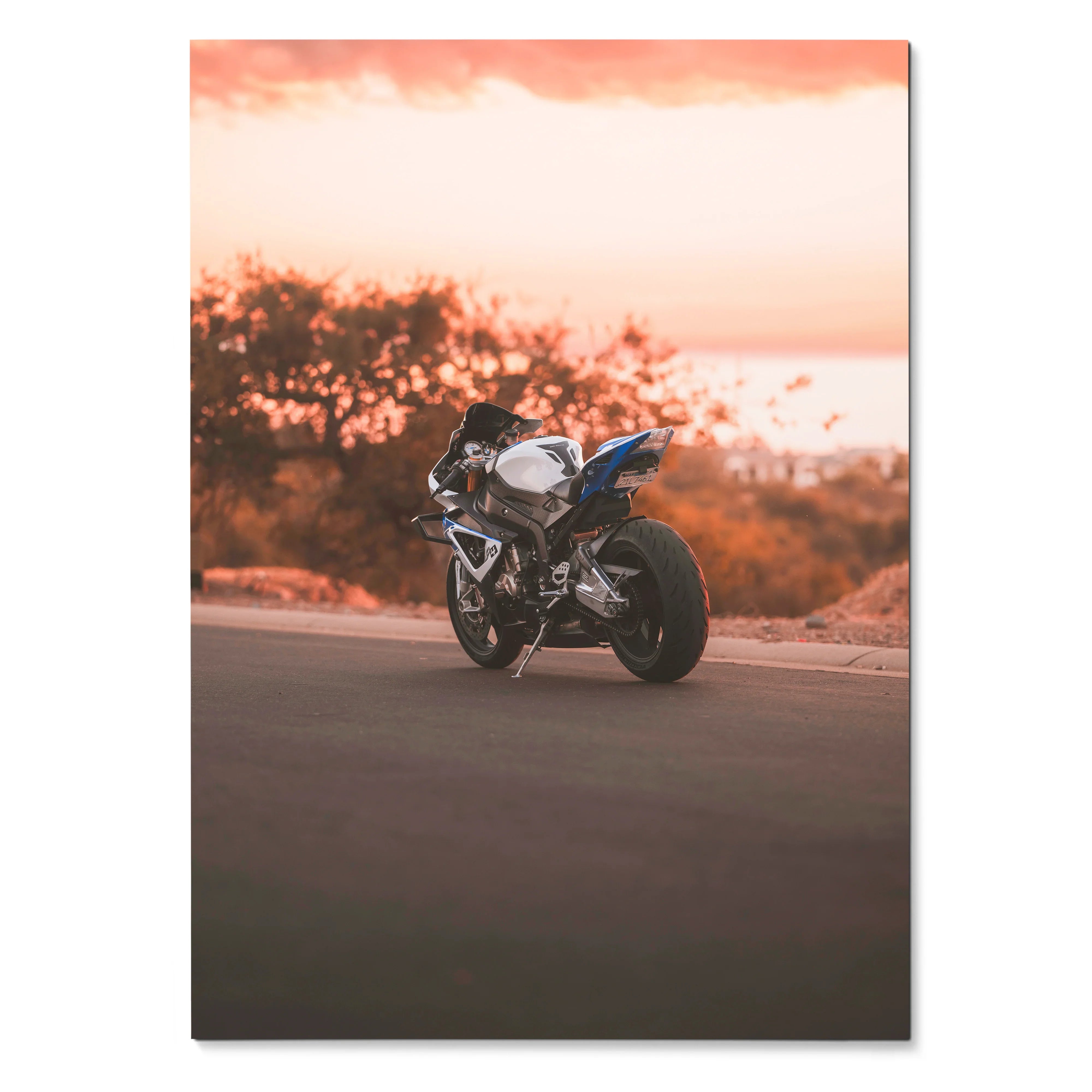 BMW S1000RR HP4 motorcycle poster with sunset background, high-quality wall art print.