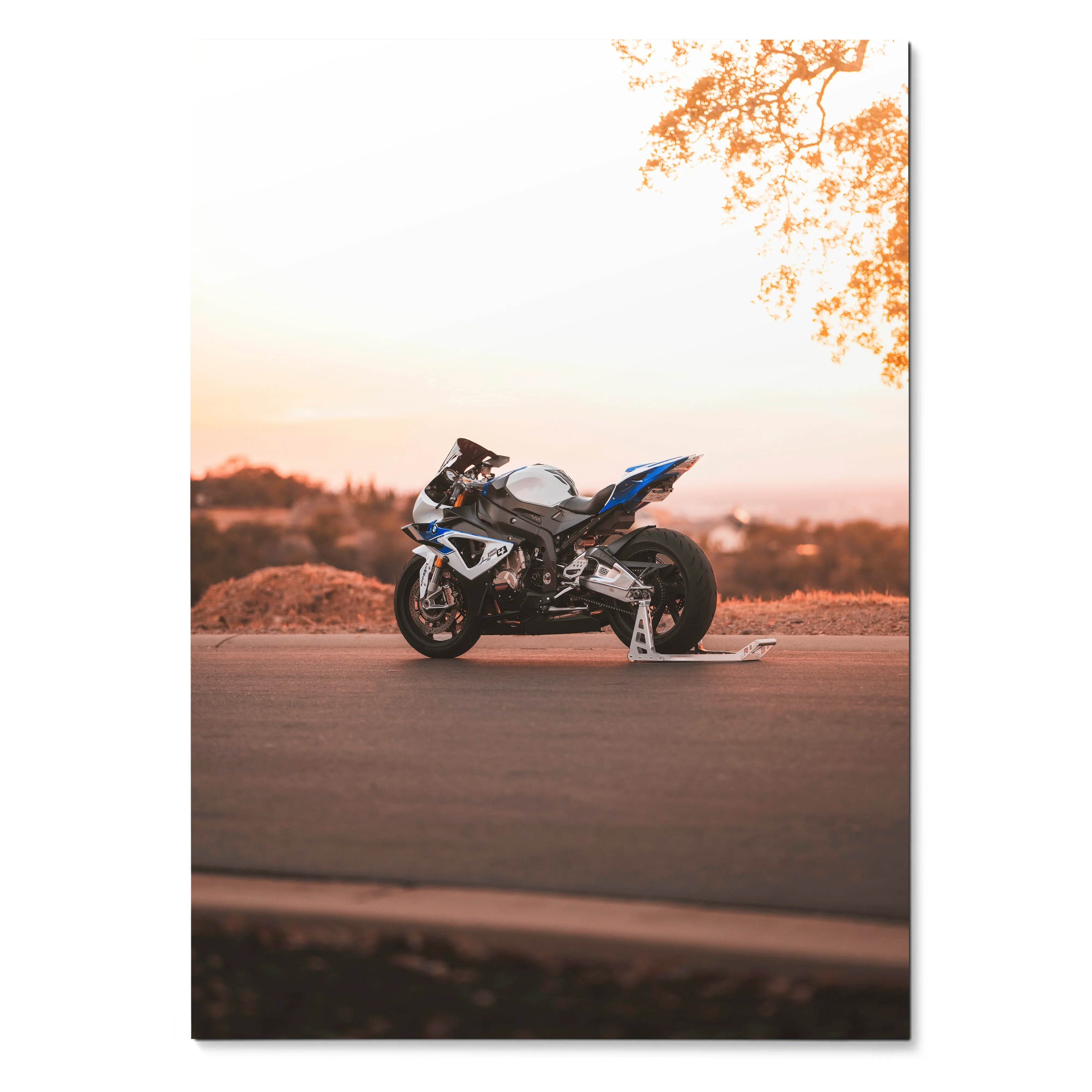 BMW S1000RR HP4 motorcycle poster with sunset background and warm autumn tones wall art.