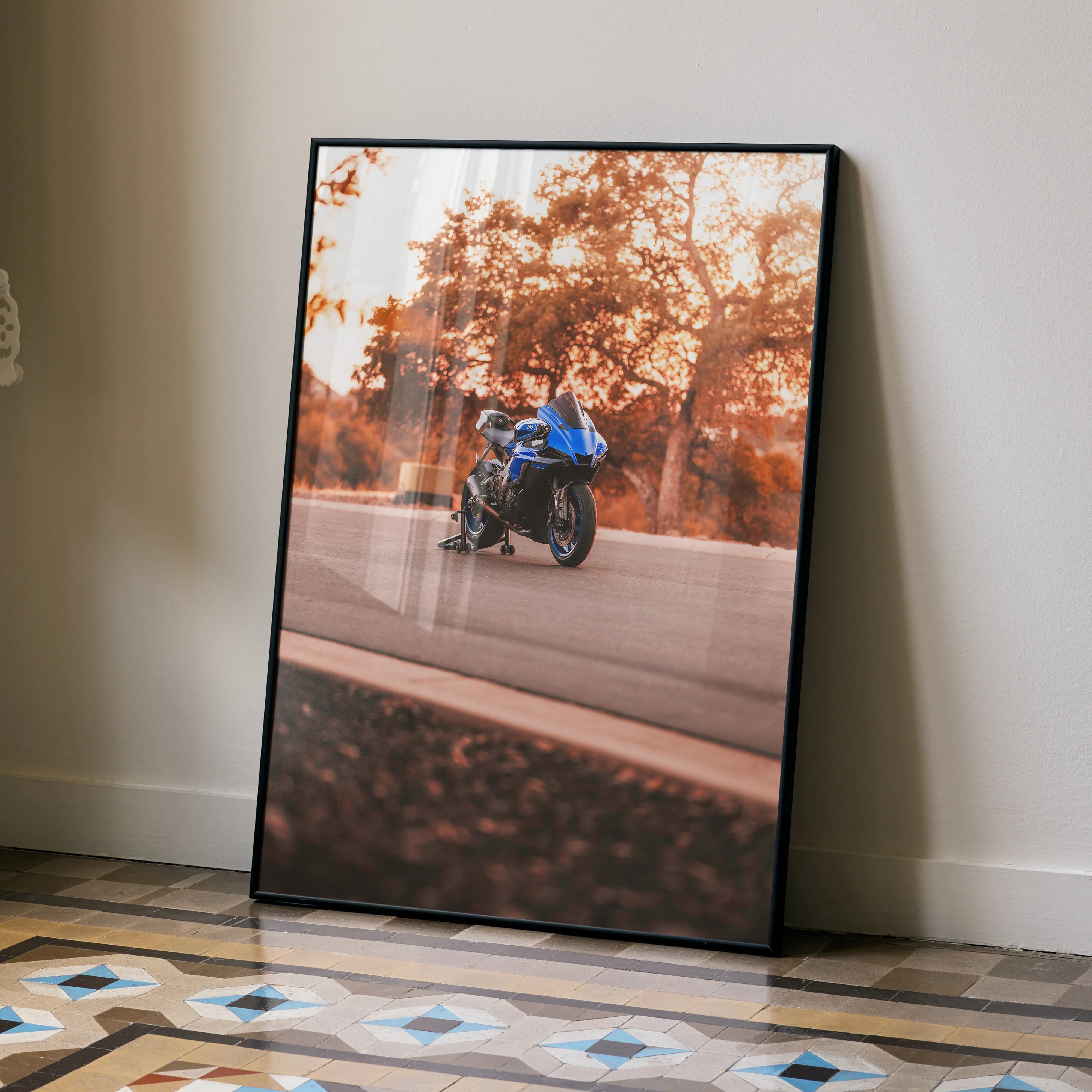 Yamaha R1 motorcycle poster with autumn background framed as wall art.