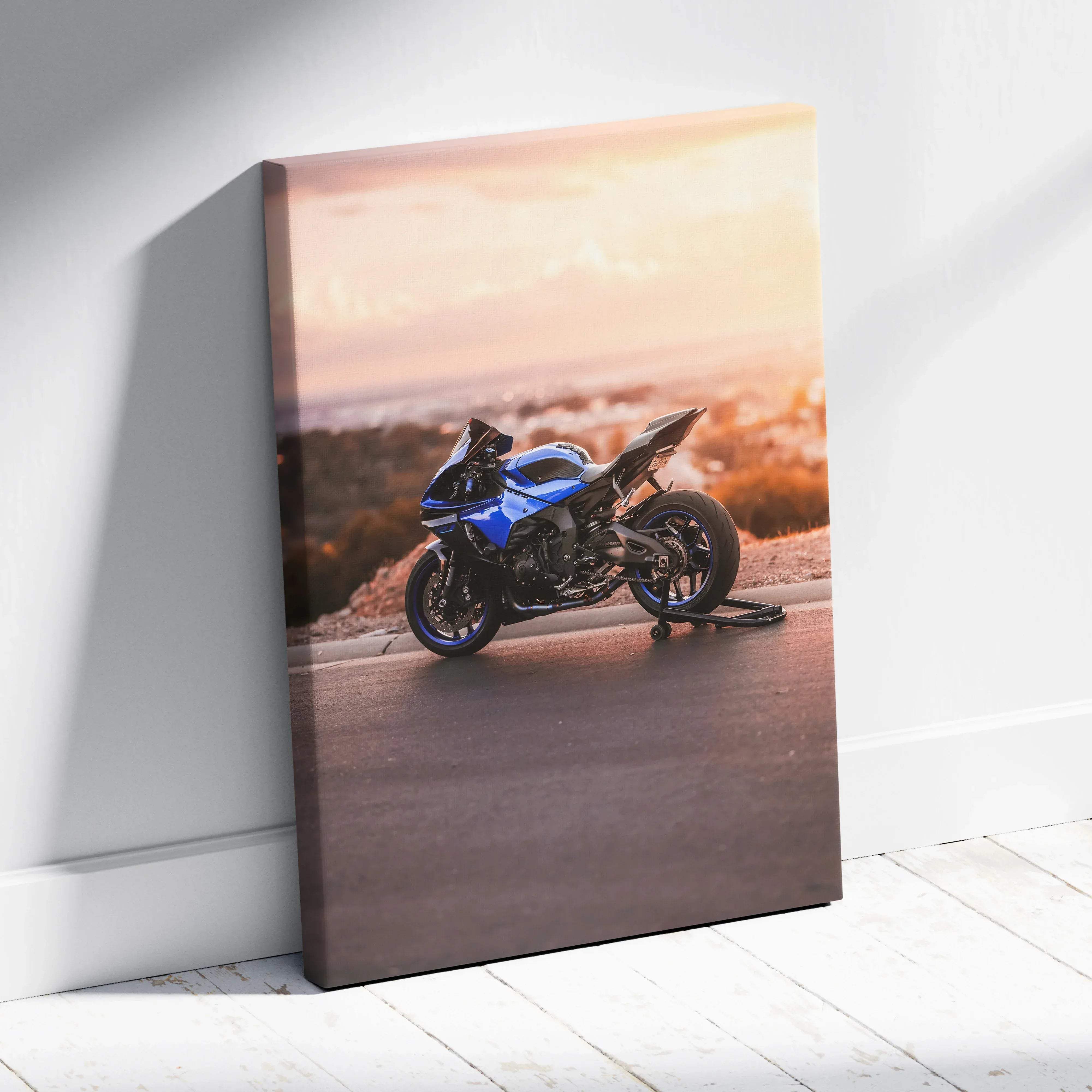 Canvas wall art museum quality vertical blue yamaha r1 motorcycle print leaning against a white wall