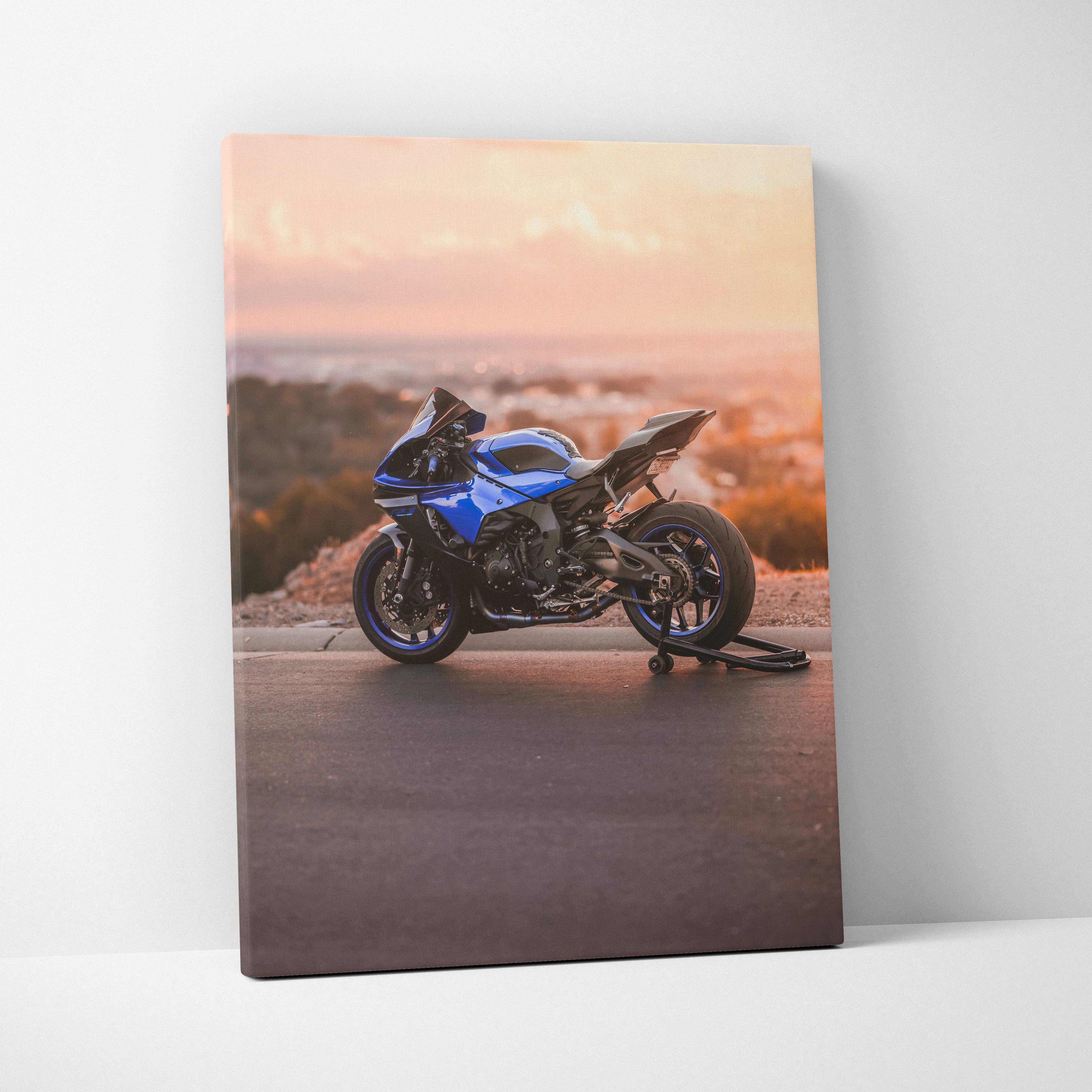 Yamaha R1 blue motorcycle canvas wall art with sunset background and vertical layout.