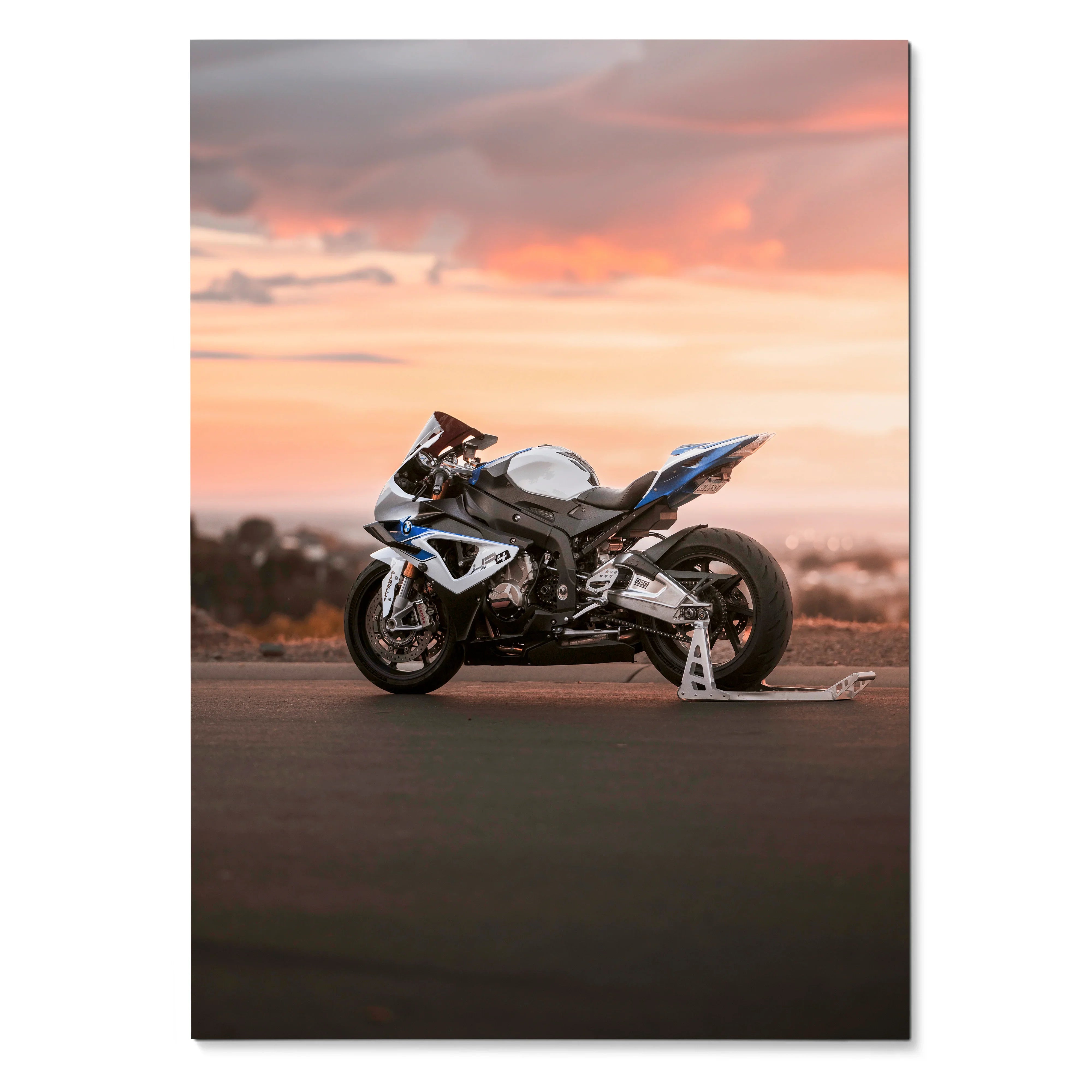 BMW S1000RR HP4 motorcycle poster with sunset sky backdrop, premium wall art print.