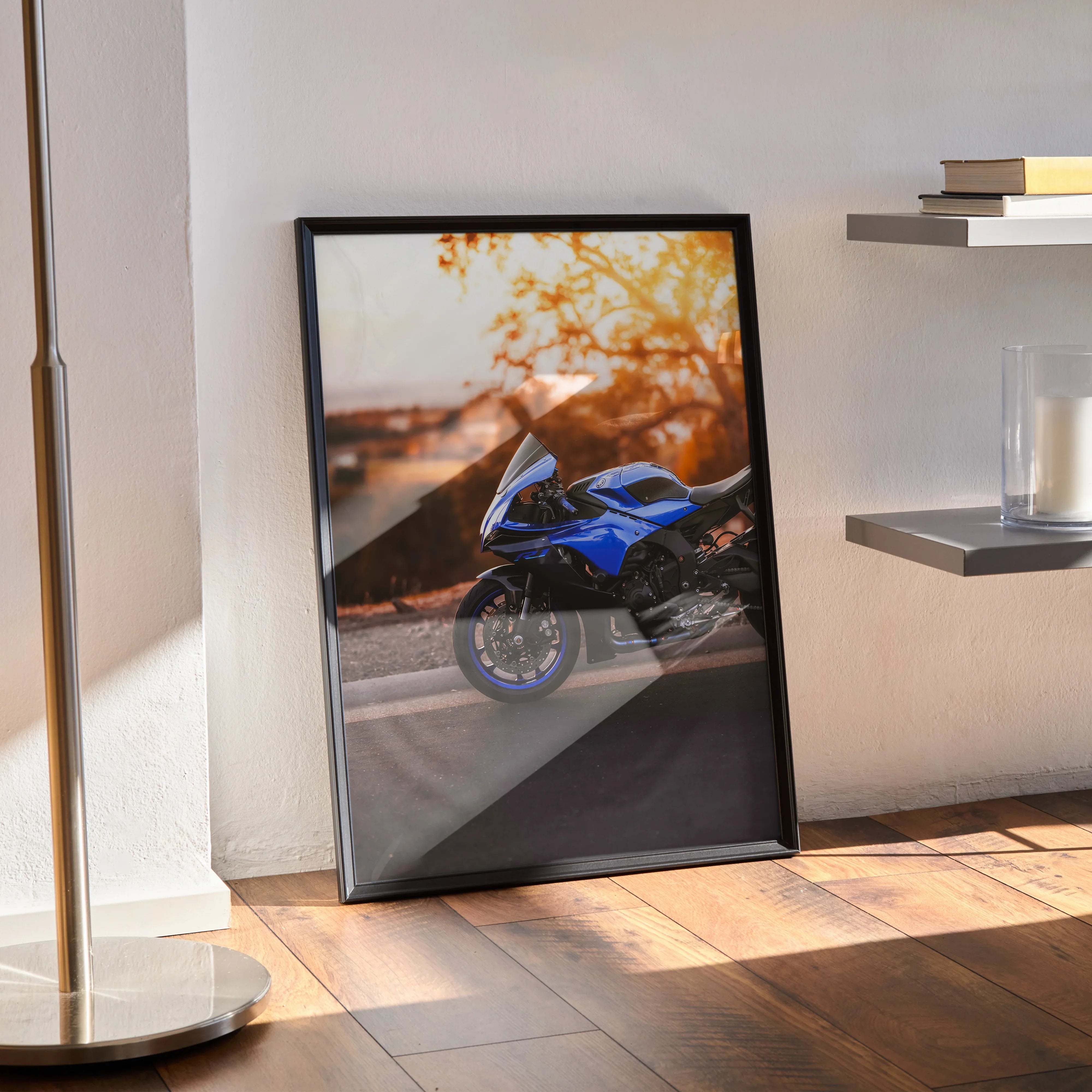 Yamaha R1 motorcycle poster with sunset background in black frame, stylish wall art.