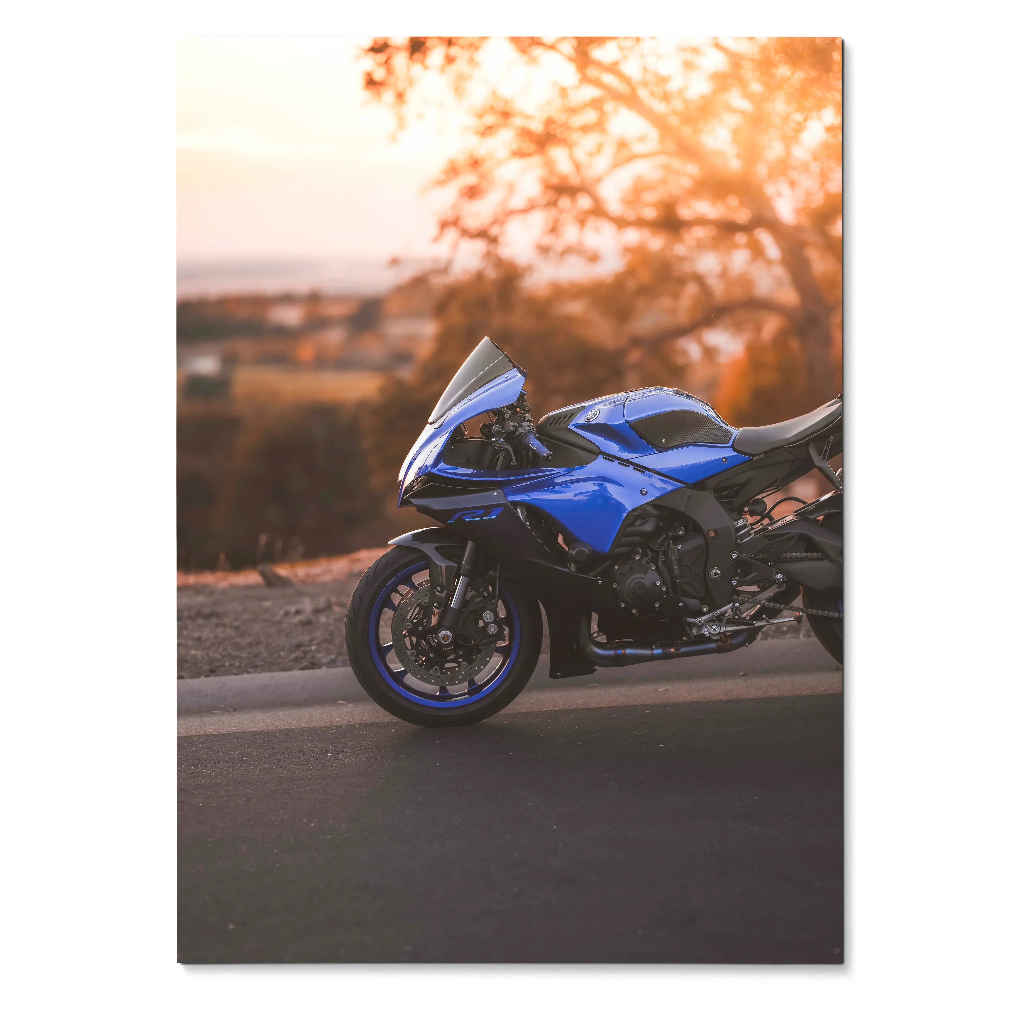 Blue Yamaha R1 motorcycle poster with warm sunset background wall art.
