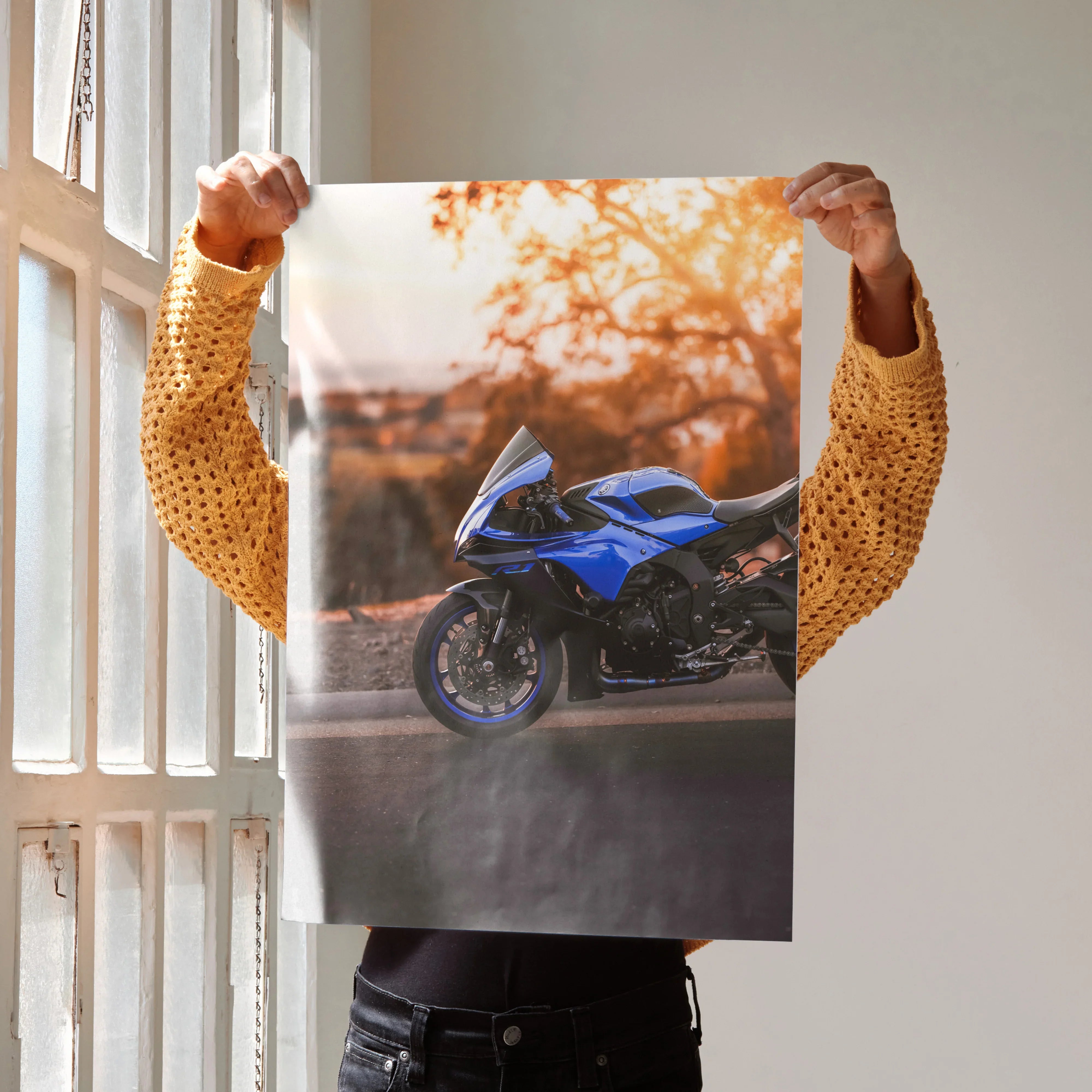Yamaha R1 motorcycle poster with blue sportbike and warm sunset background wall art.