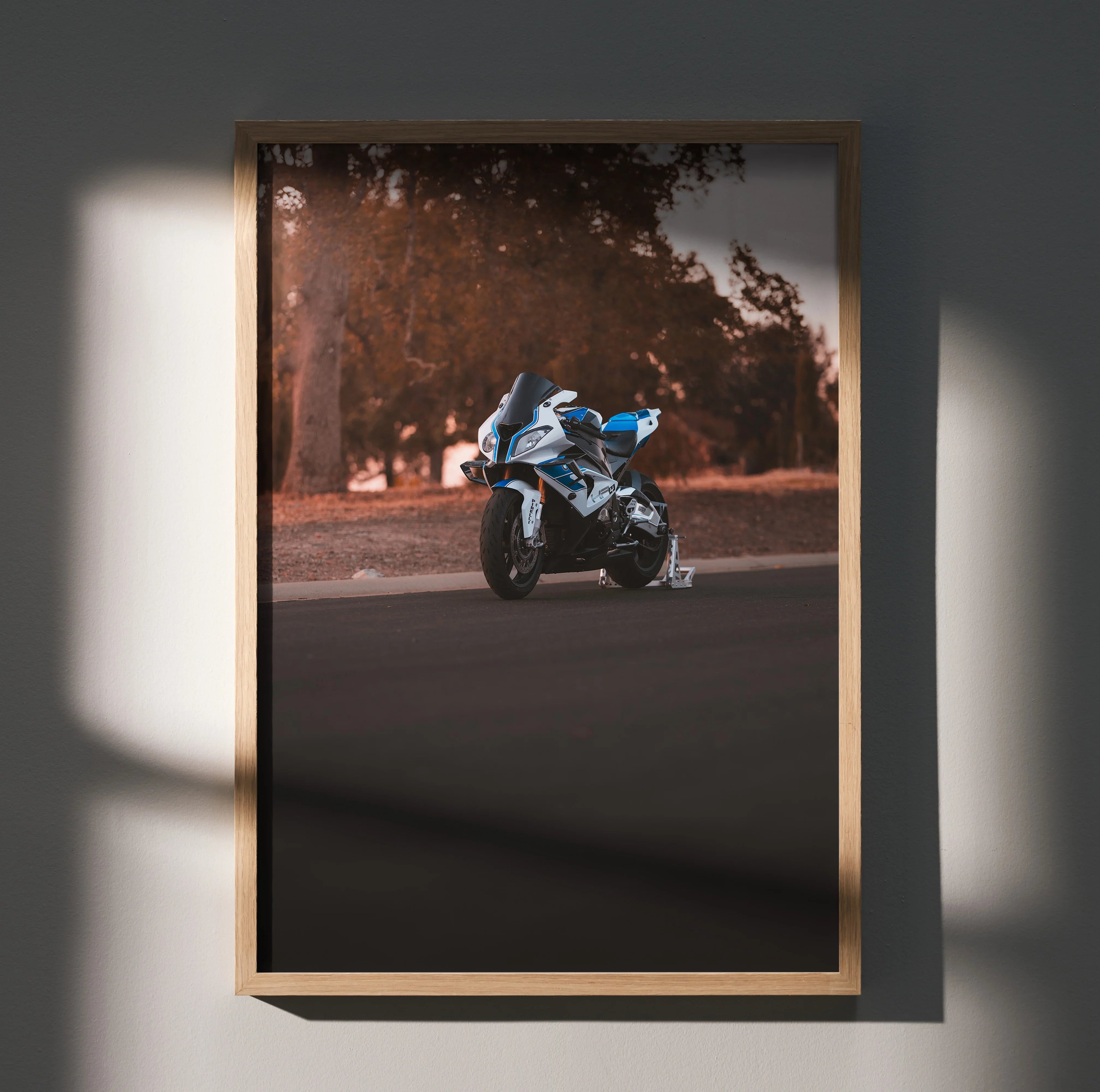 BMW S1000RR HP4 motorcycle poster with dynamic road background, framed wall art.