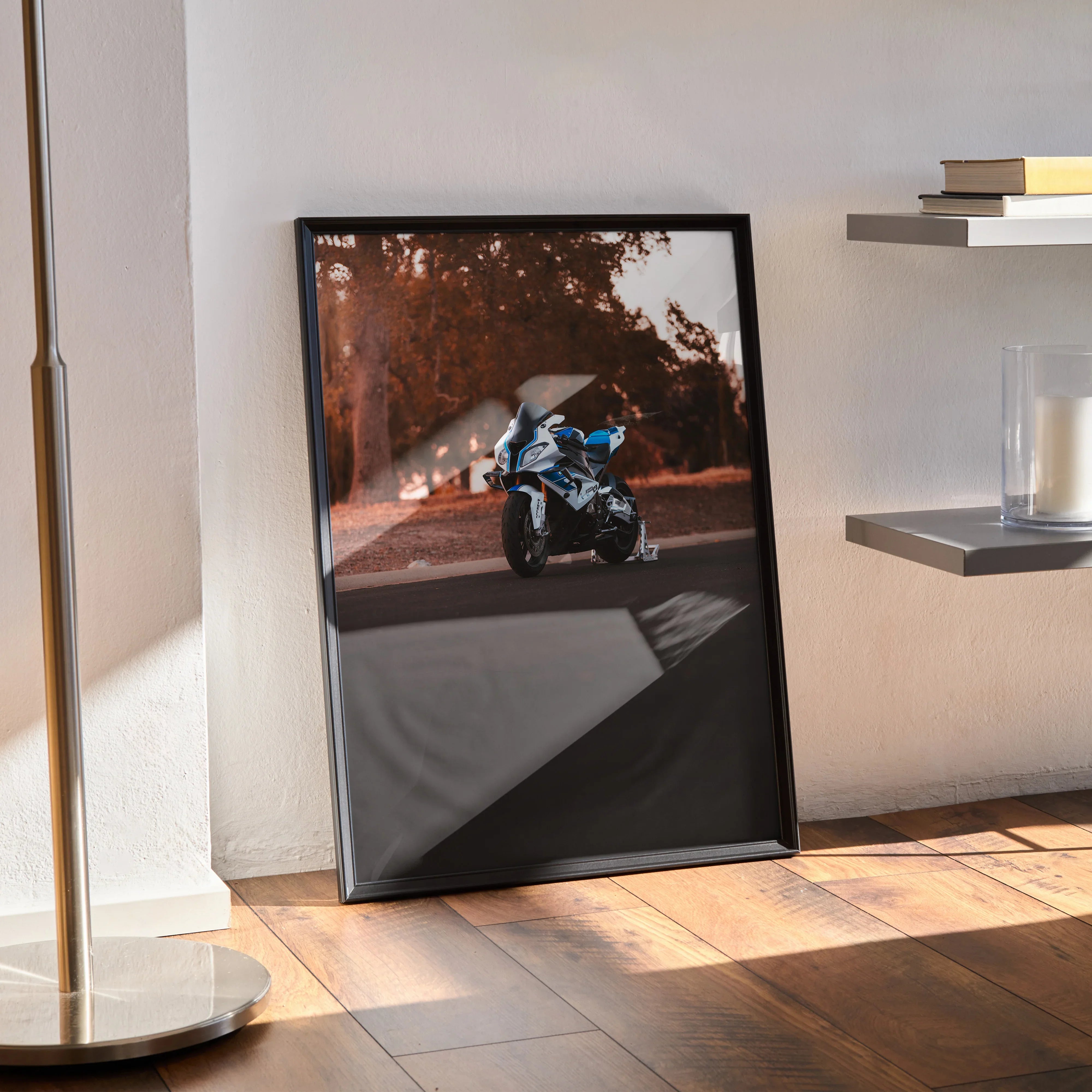 BMW S1000RR HP4 motorcycle poster with dynamic riding scene, framed wall art in warm tones.